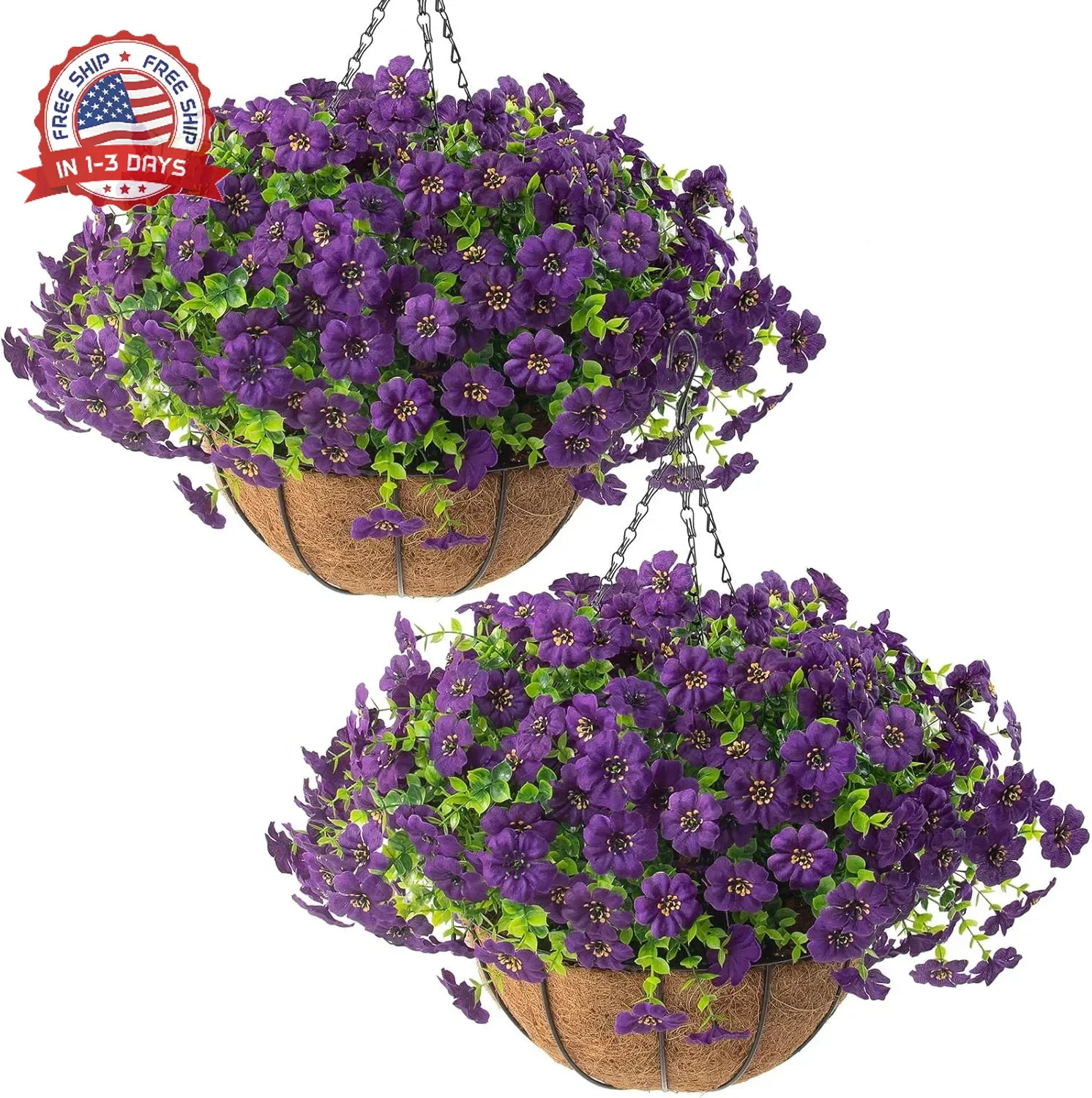 Hananona 2 Set Artificial Outdoor Flowers with Hanging Basket, 2 Hanging Planter