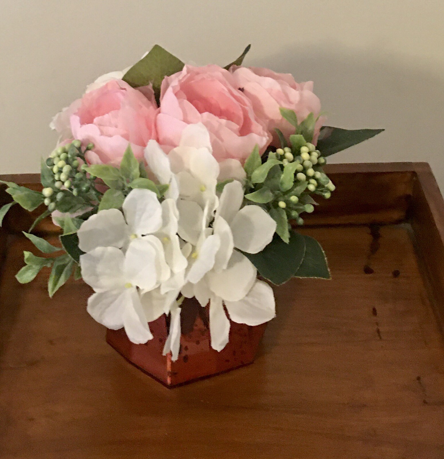 Floral Arrangement with Dahlia Hydrangea Berries in Bronze Glass Vase Handmade