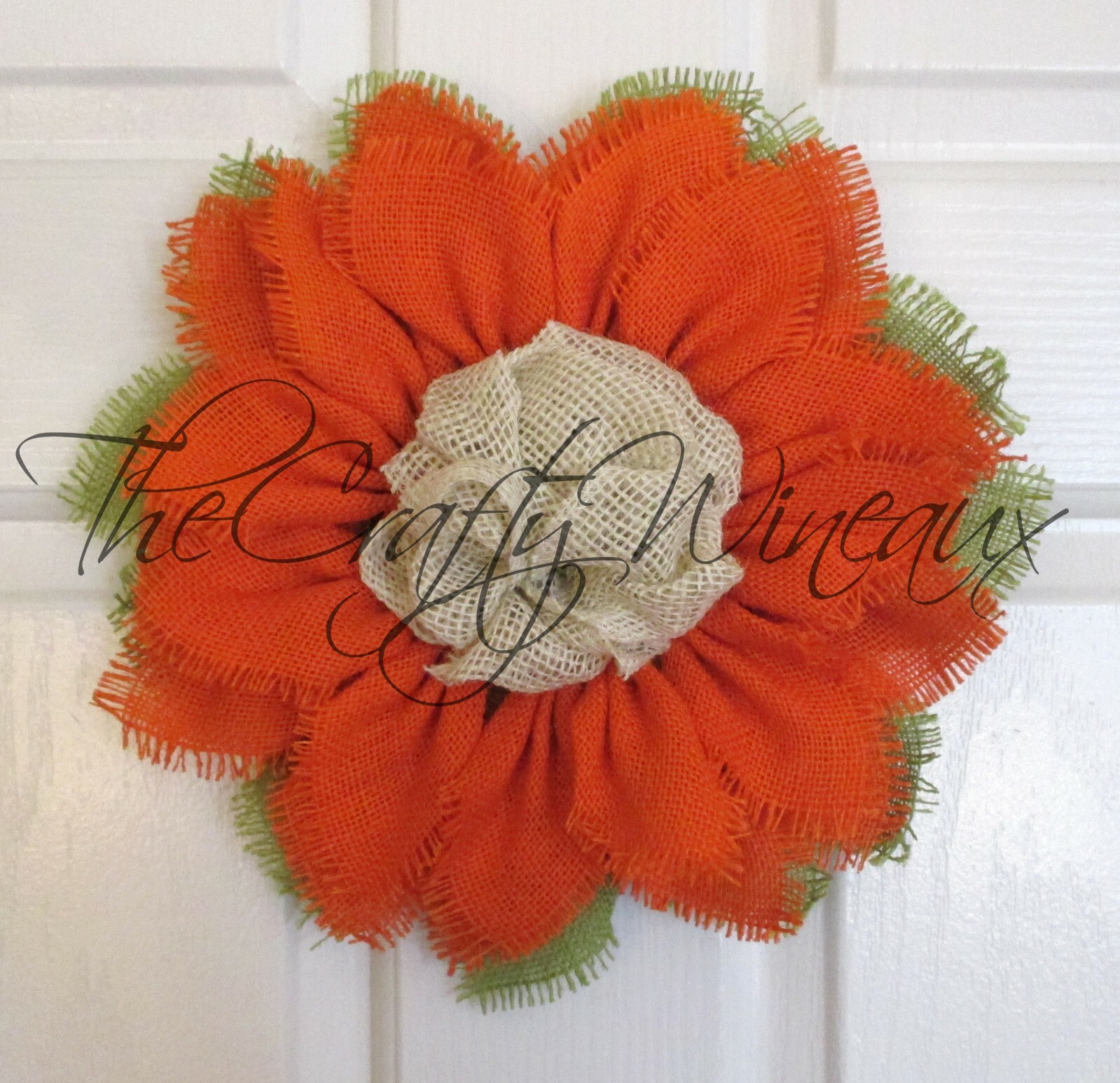 The Crafty Wineaux – Small 12″ Rich Tangerine Orange Burlap Sunflower Wreath