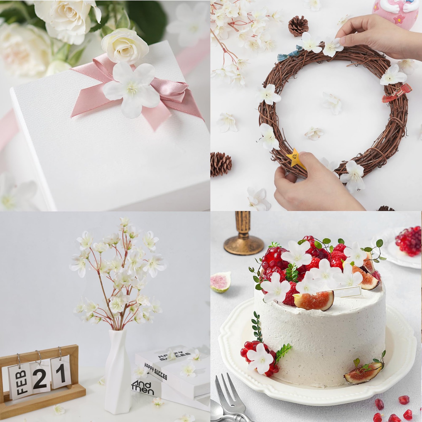 100 PCS Mini White Cherry Blossom Head Artificial Fake Silk Flower DIY 1.6″