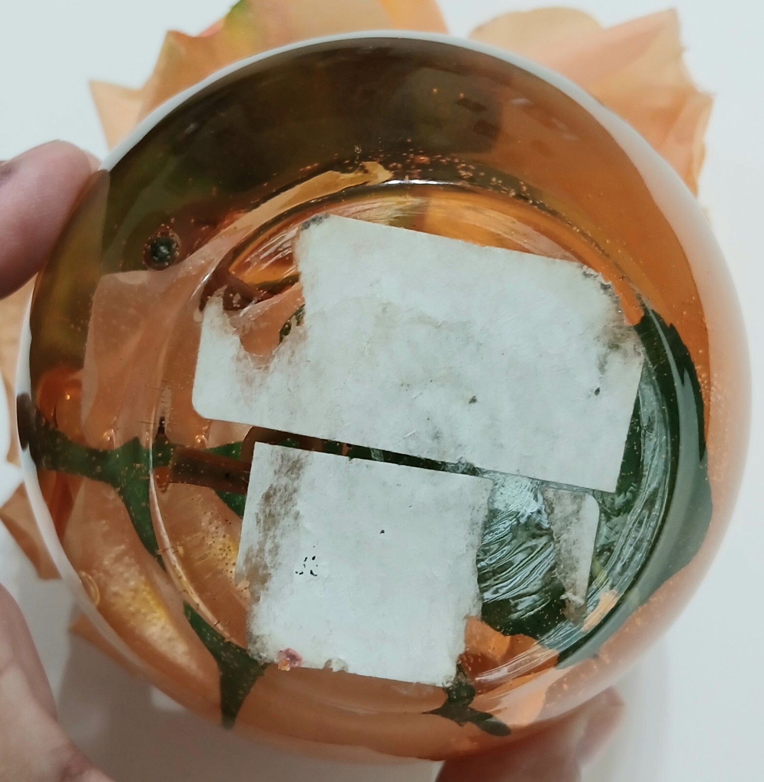 Vintage Peach Color Silk Flower Artificial  w/ Resin in Glass Bowl 5″