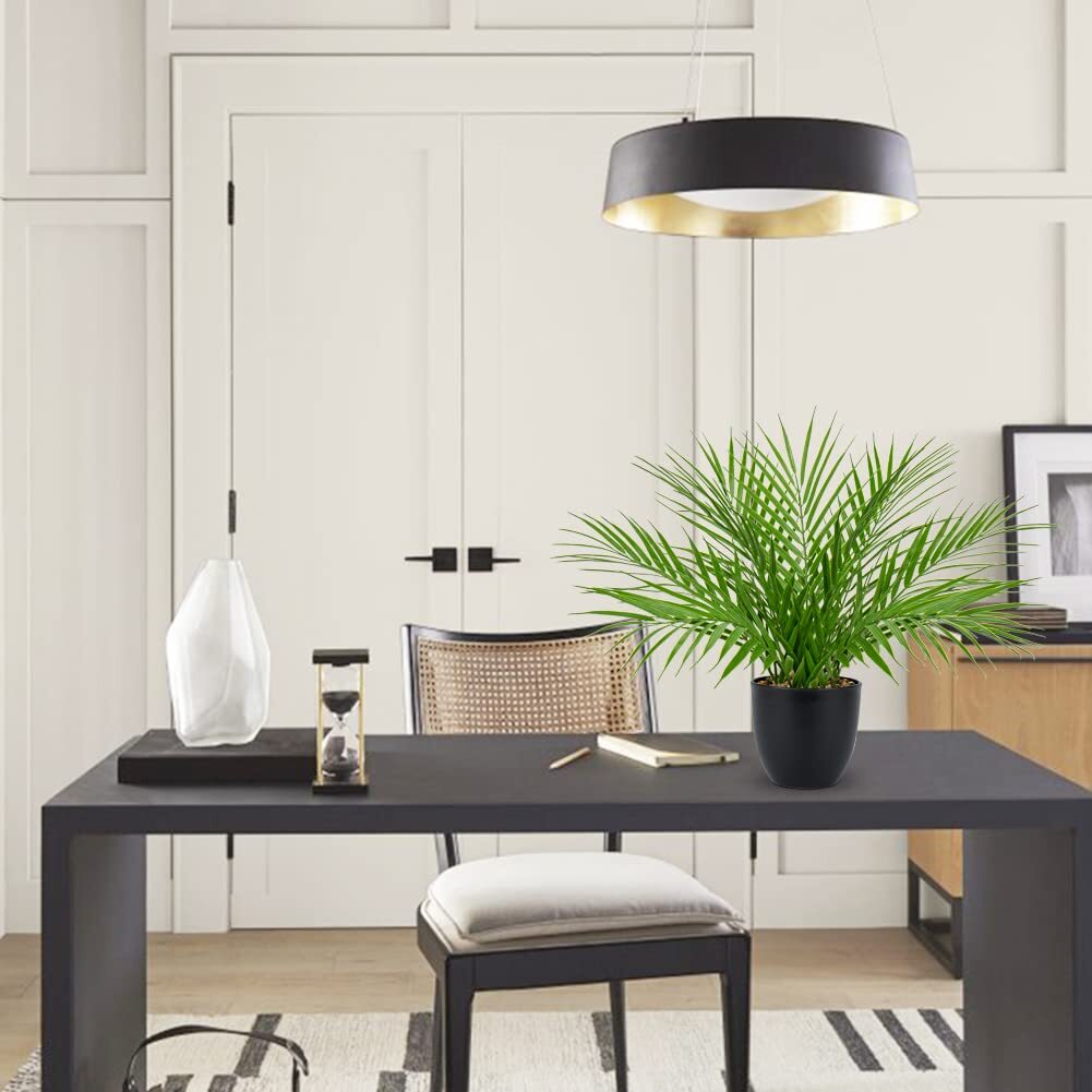 Artificial Palm Plant 15″ Black Pot Realistic Faux Tropical Houseplant