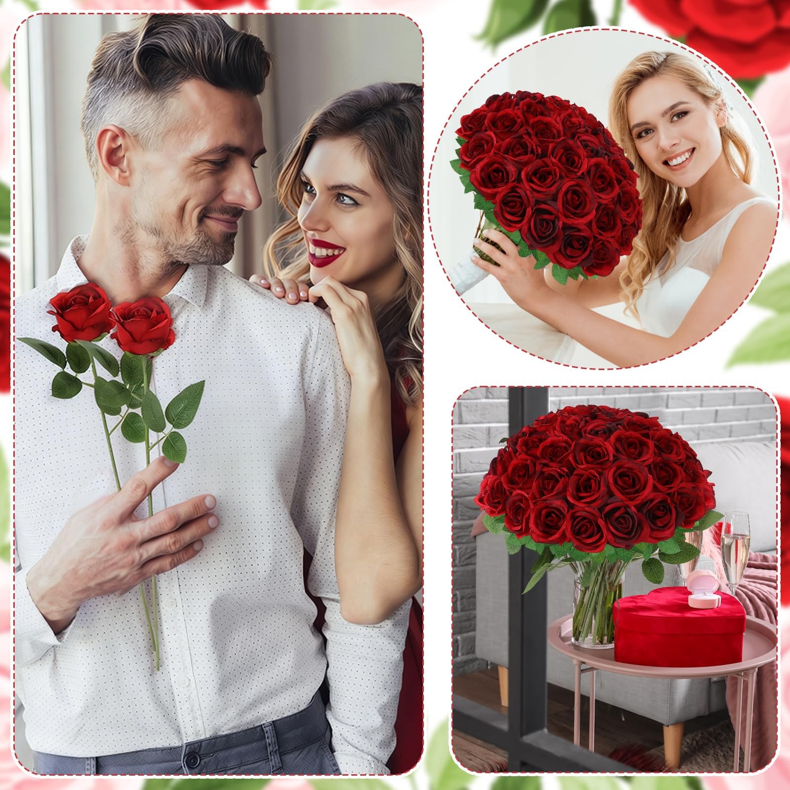 36 Pcs Burgundy Artificial Roses with Long Stems, Fake Silk Rose Artificial F…