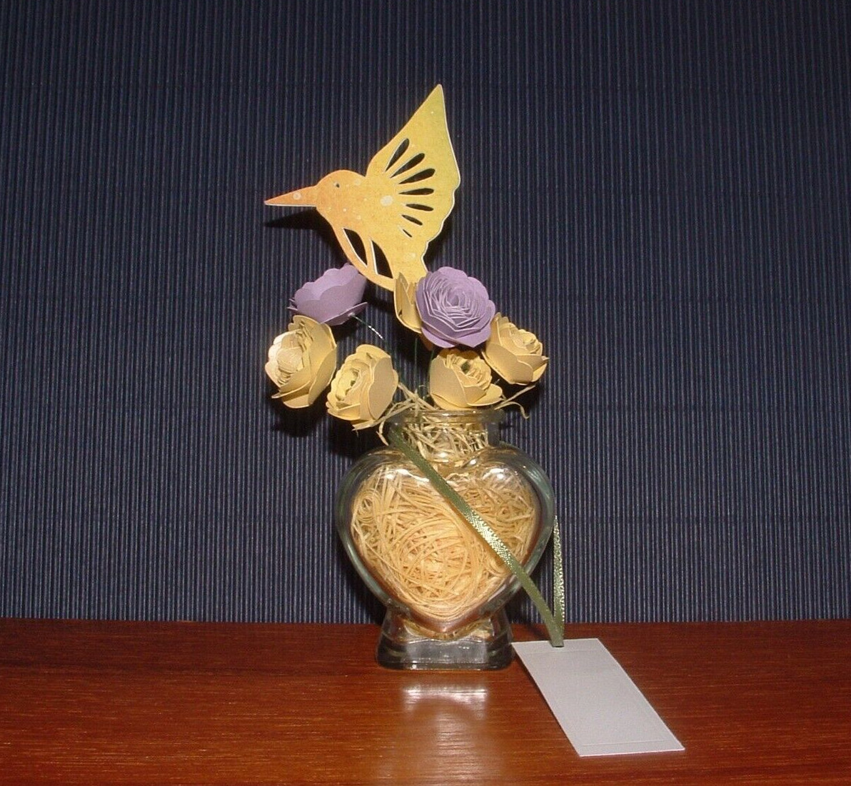 Hand Rolled Paper Flowers Hummingbird Bouquet, Glass Heart Vase, w/ Gift Tag