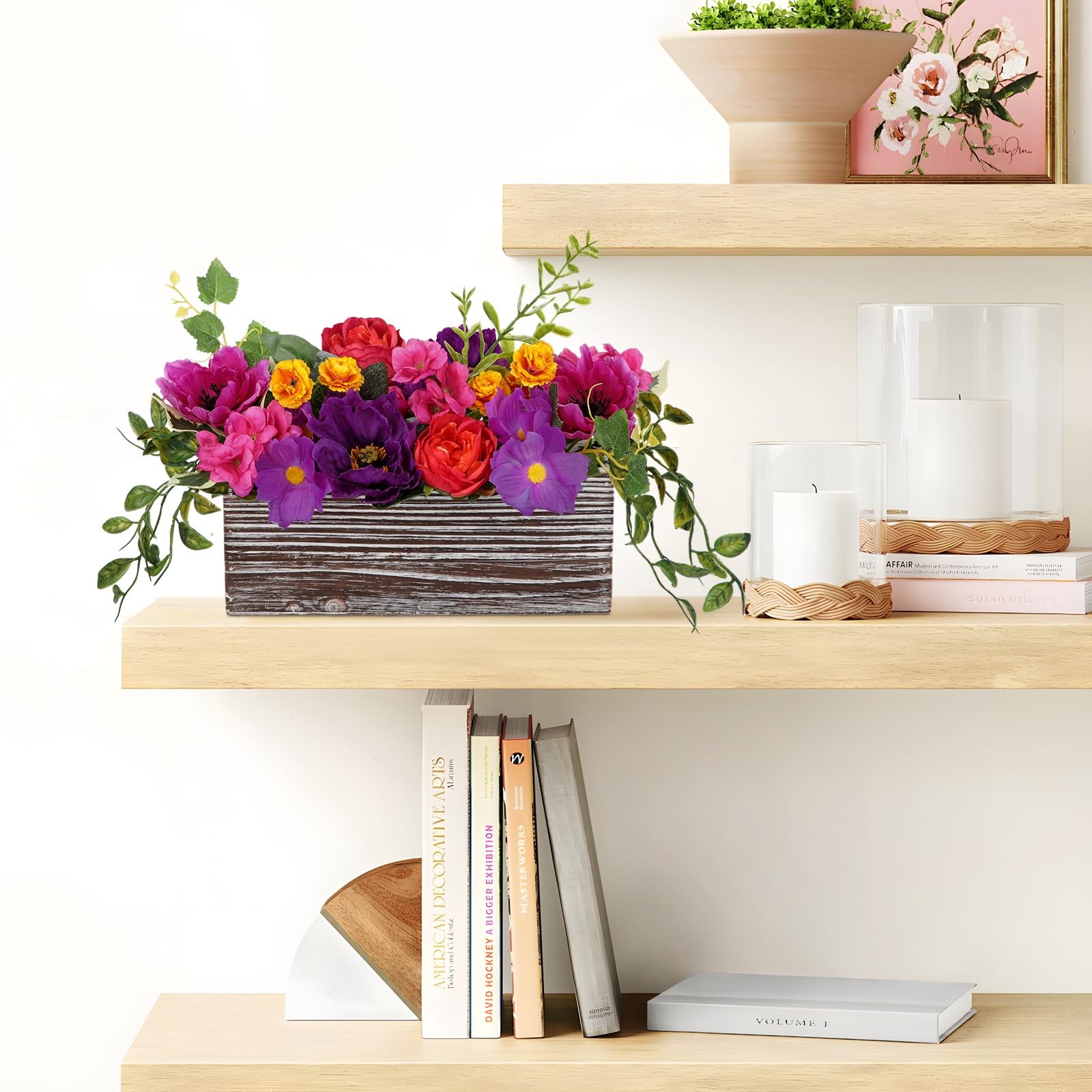 DILATATA Flower Arrangement with Wooden Vase 10″ Artificial Flowers in Pot – …