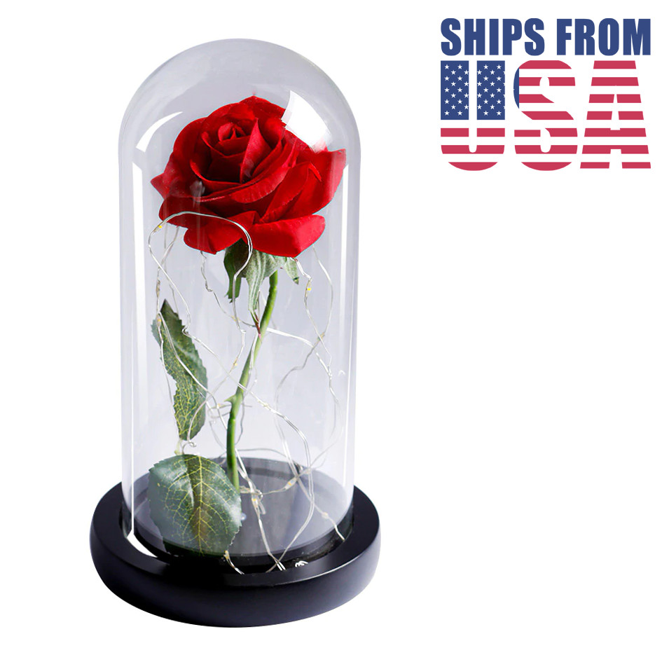 Red Rose In Crystal Clear Glass Dome with Soft White LED Lights – Color of Love