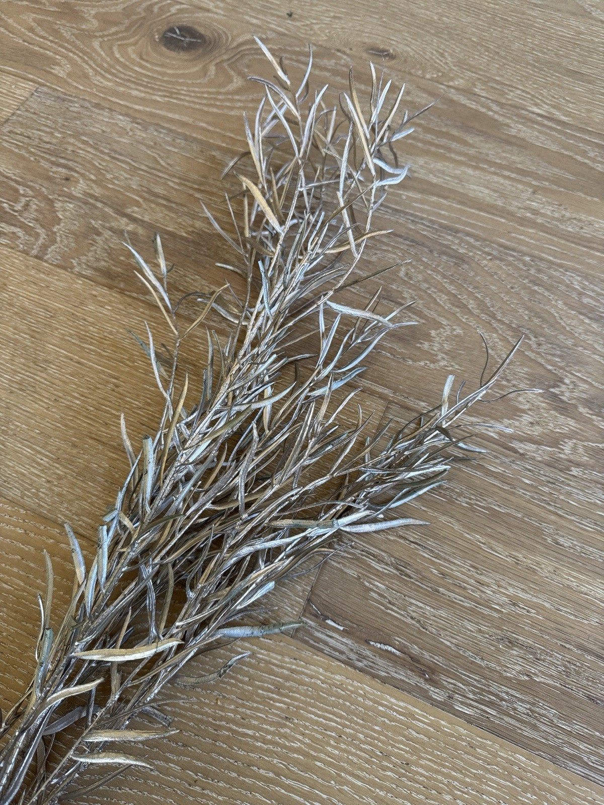 CB2 Modern 36” Faux White Fern & 51” Champagne Gold Willow Leaf Holiday Florals