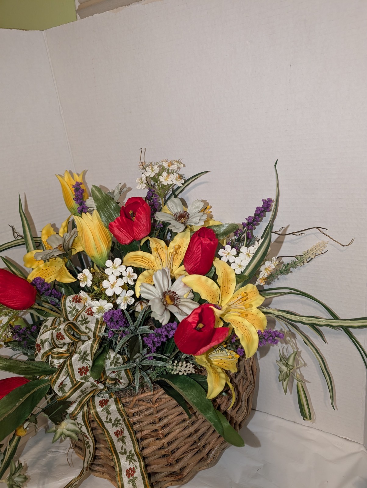 Handmade Lavender & Many Mixed Artificial Flowers Hanging Wall Basket 25”