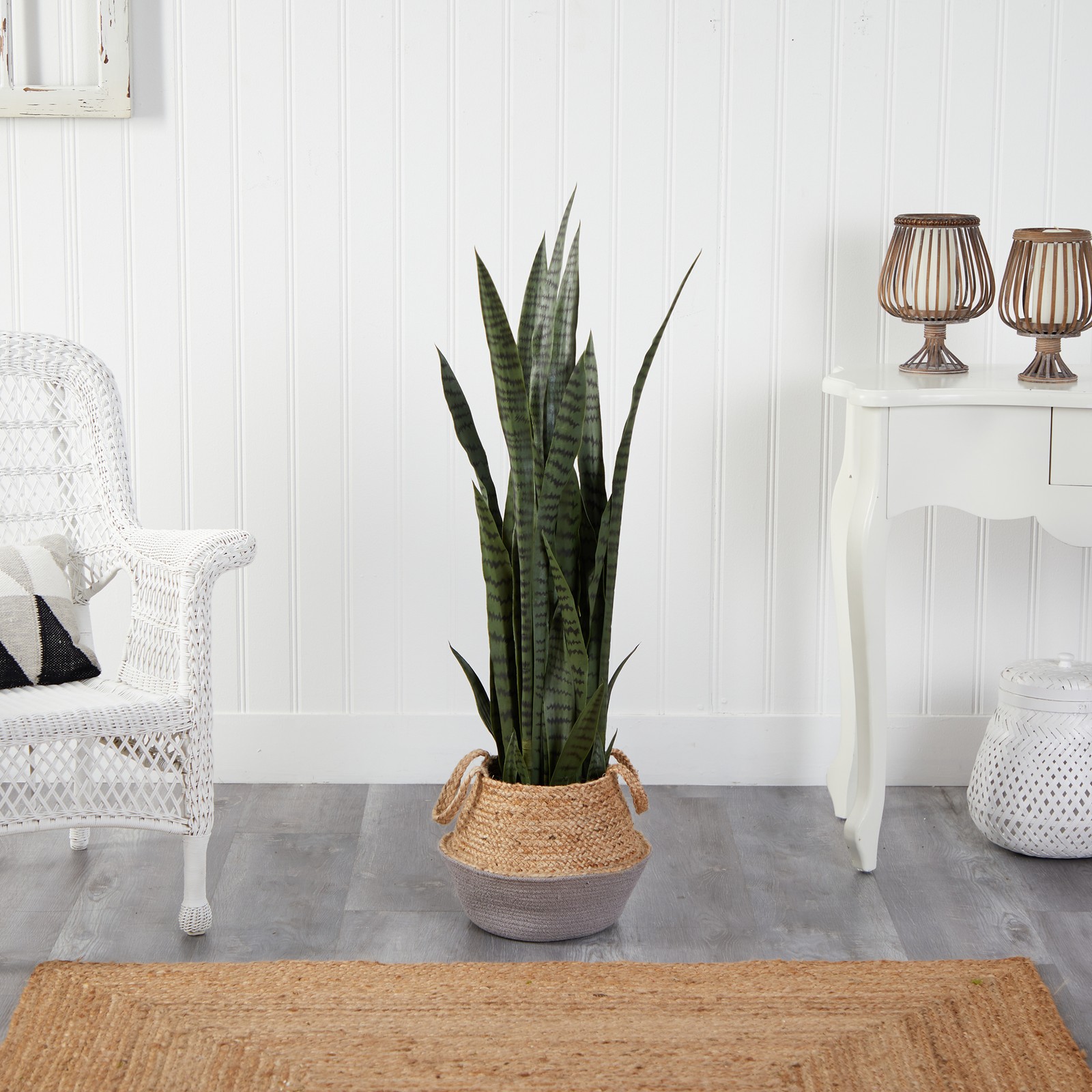 Nearly Natural 46″ Sansevieria Plant in Cotton & Jute Gray Woven Planter