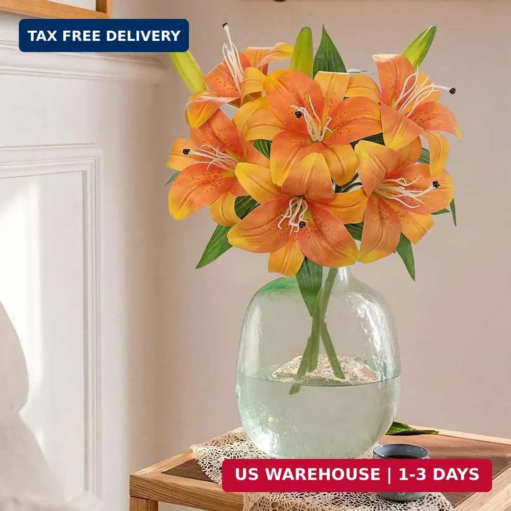 Oairse Artificial Tiger Lily Silk Flowers – 3 Pcs Faux Lily Flower 14.9″ Fake Li