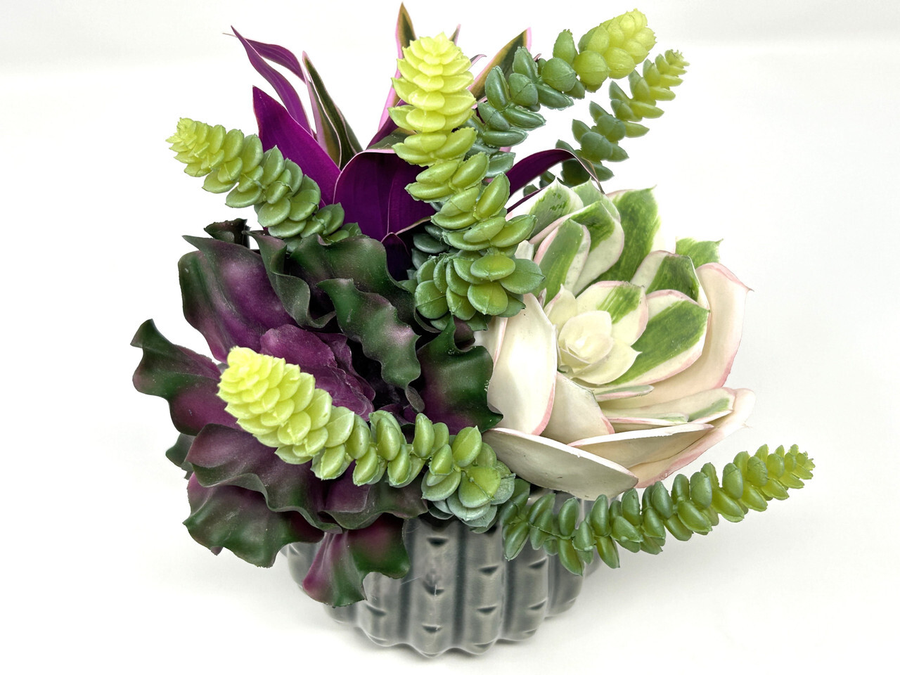 10″ Artificial Purple & White mixed Succulent Garden #11, 5″ Gray Ceramic Plant