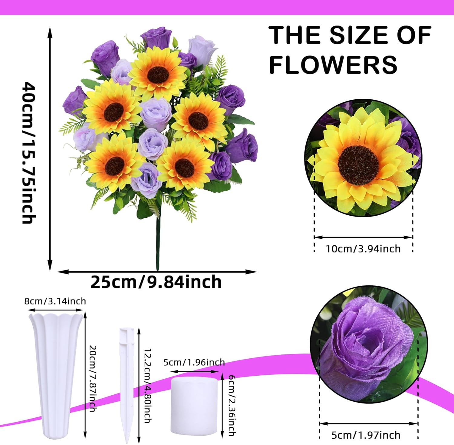 ,Set of 2 Artificial Rose Sunflower Bouquet Graveyard Memorial Flowers for Outdo
