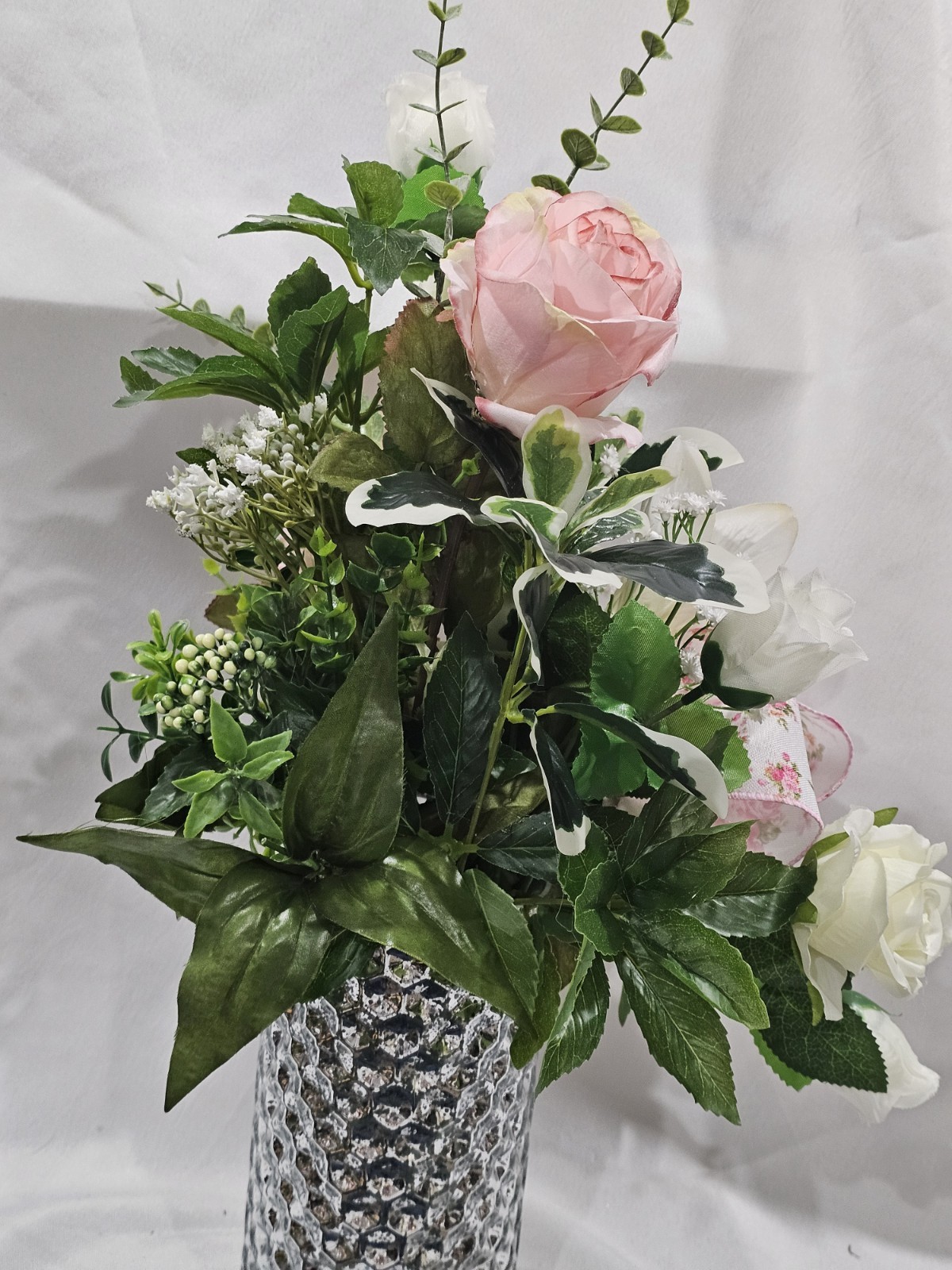 Pink Peoniesm, Roses and Lily Artificial Flowers with Baby Breath Accent