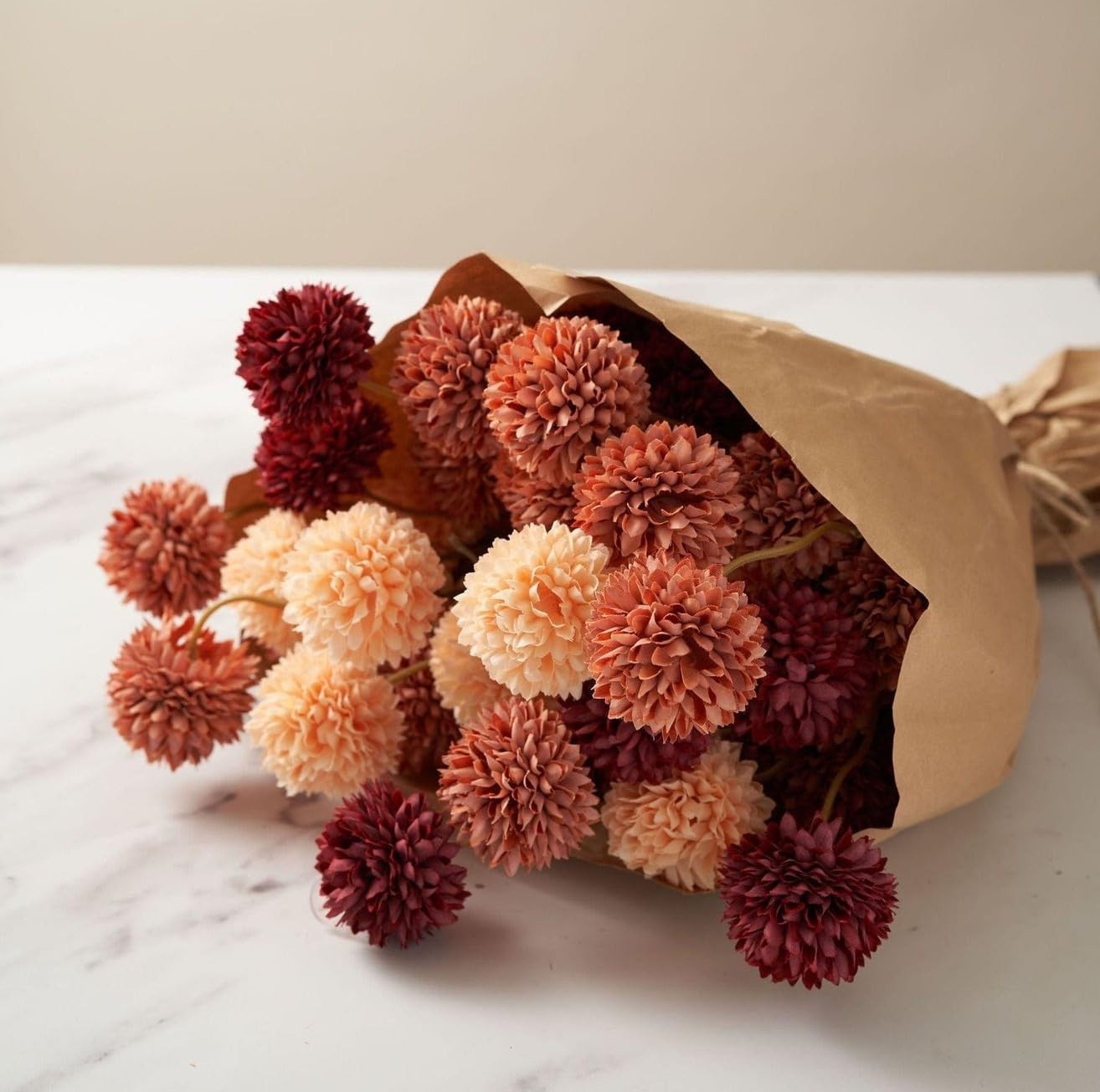 Autumn Floral Arrangement – 10 Faux Kiku Flowers & Eucalyptus, Terracotta Decor