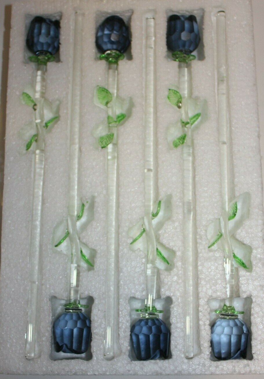 Bouquet of 6 x 12″ Black Glass Roses with Green Leaves, Halloween House decor!