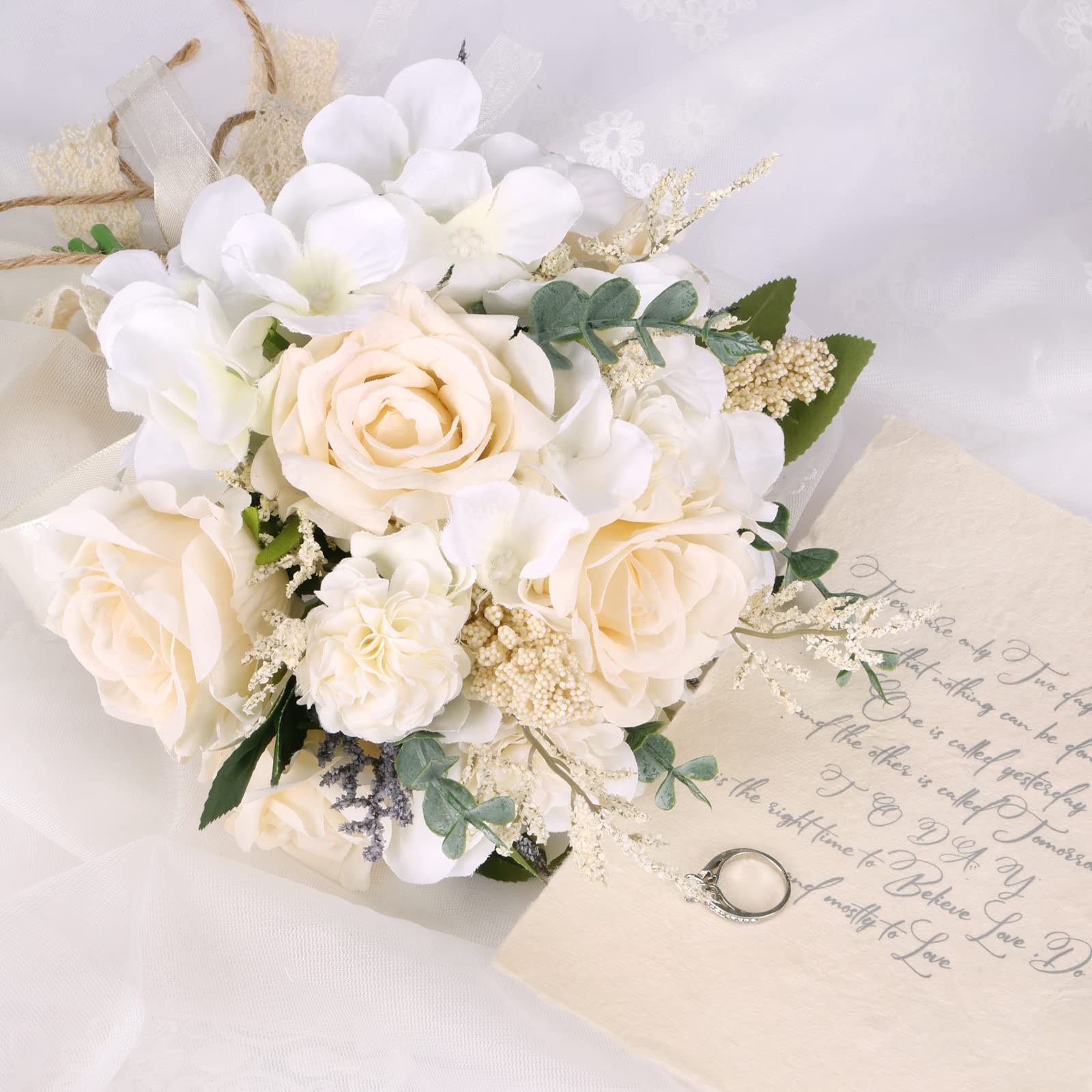 Wedding Bouquets for Bride Bridesmaid, White Champagne Artificial Roses Flowe…