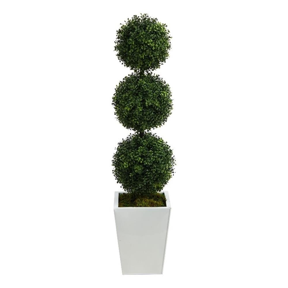 Nearly Natural 46″ Boxwood Triple Ball Topiary Tree in White Metal Planter