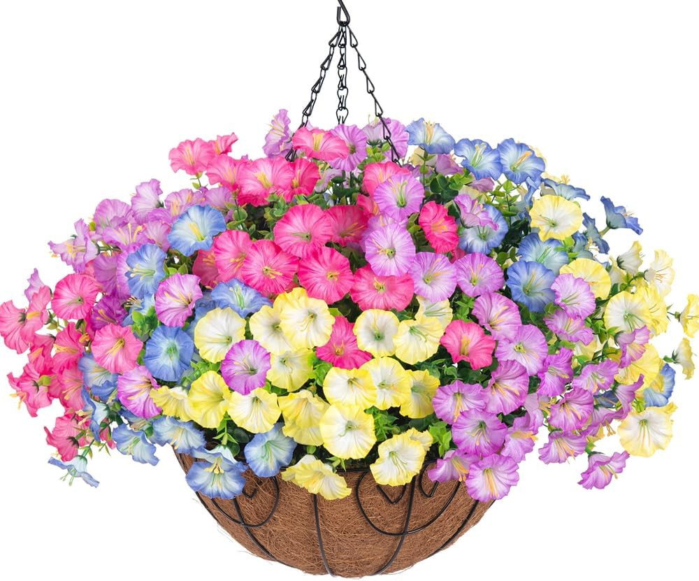 Artificial Hanging Flowers Faux Plants Basket for Outdoors Spring Decor, Fake Si