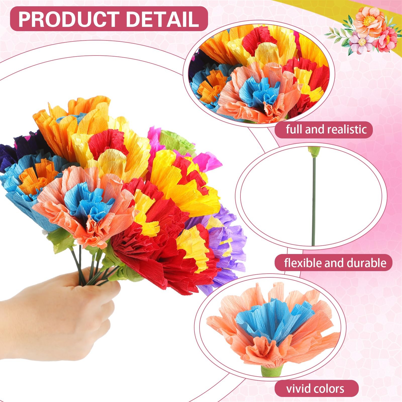 12 Pcs Mexican Artificial Rainbow Crepe Paper Flowers Bunch with Stems Mexica…