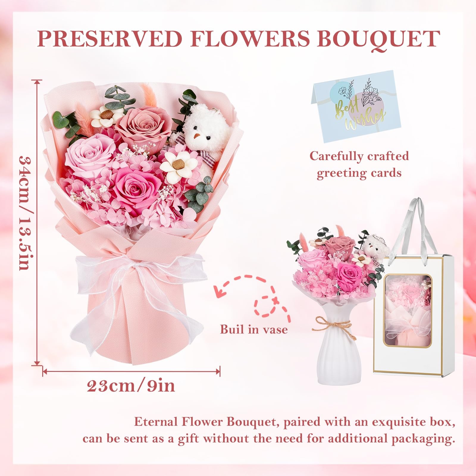 Preserved Flowers Bouquet Bear Forever Eternal Roses Gift Box Birthday Women