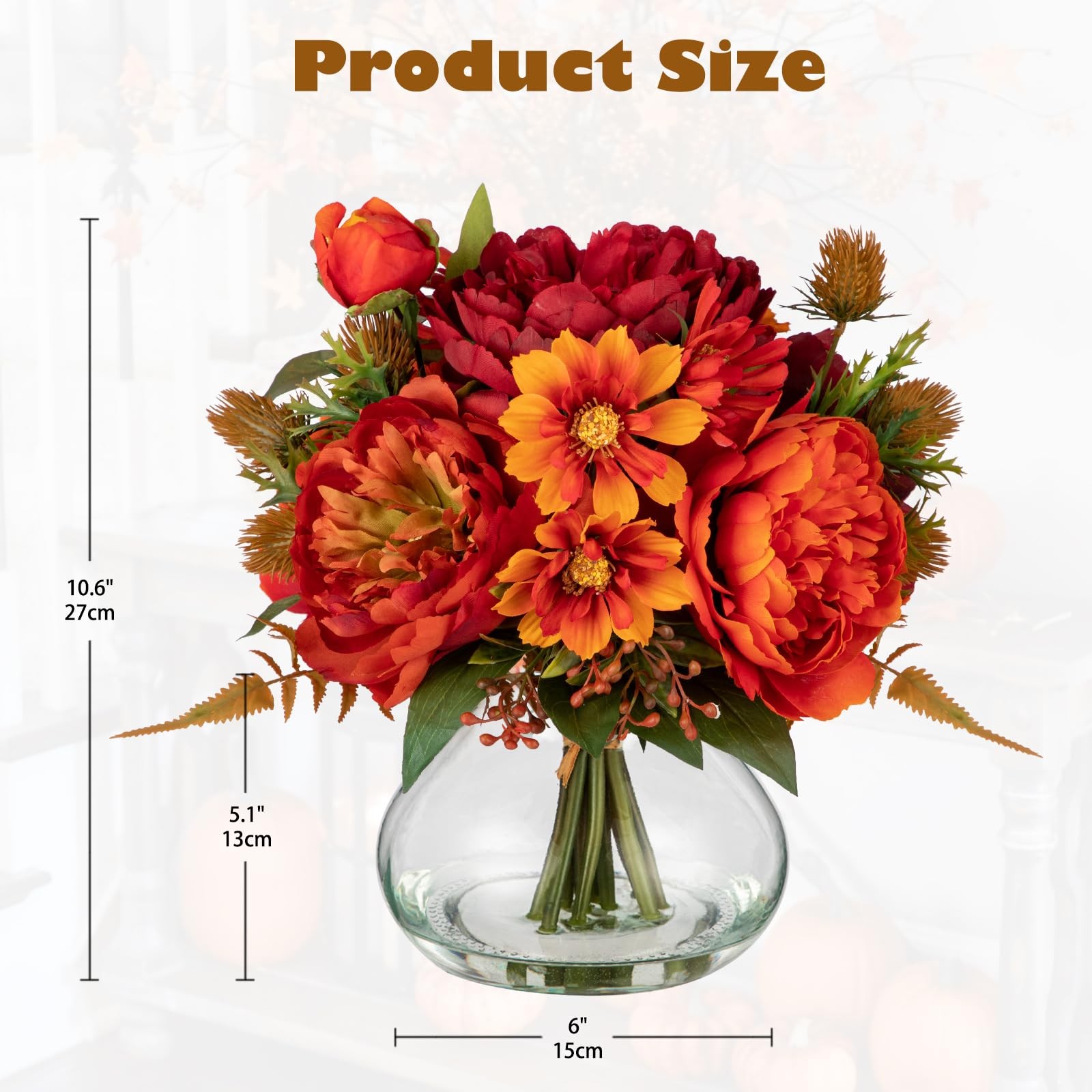 Orange Fake Peony Silk Flowers In Vase Fall Table Centerpiece Faux Floral