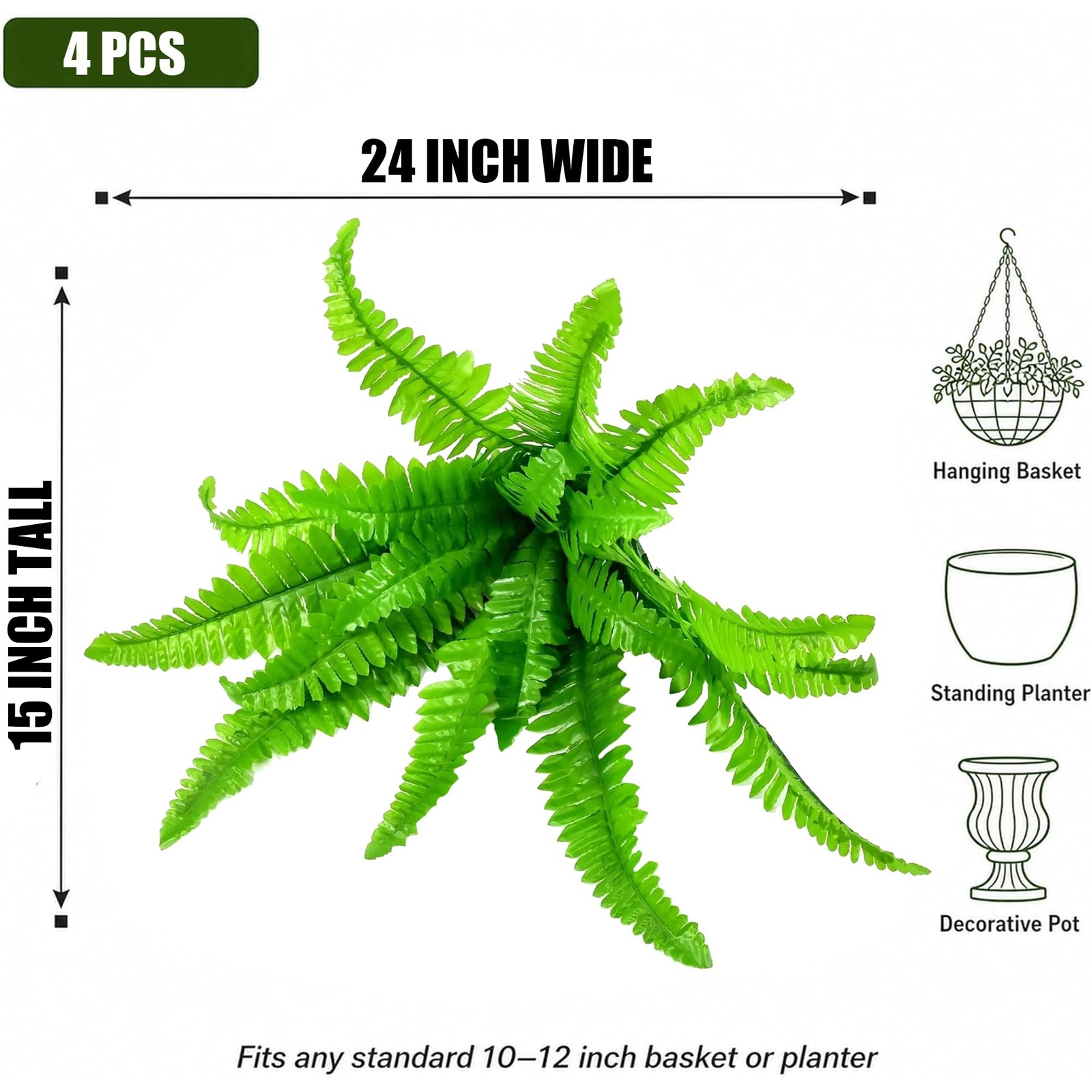 20″ Artificial Boston Ferns, Large Fake Ferns Bush Plants, 4 Artificial Bosto…