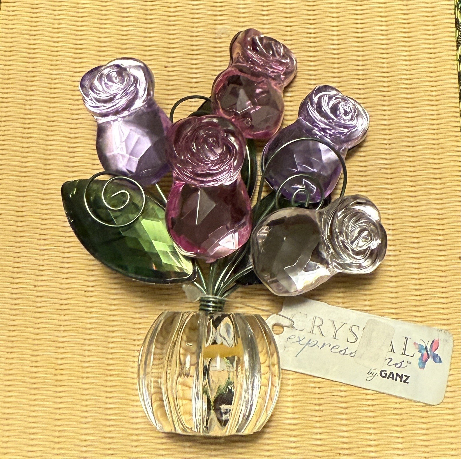 VINTAGE GANZ ROSE POSY POT PINK PURPLE CLEAR ACRYLIC FLOWER ARRANGEMENT