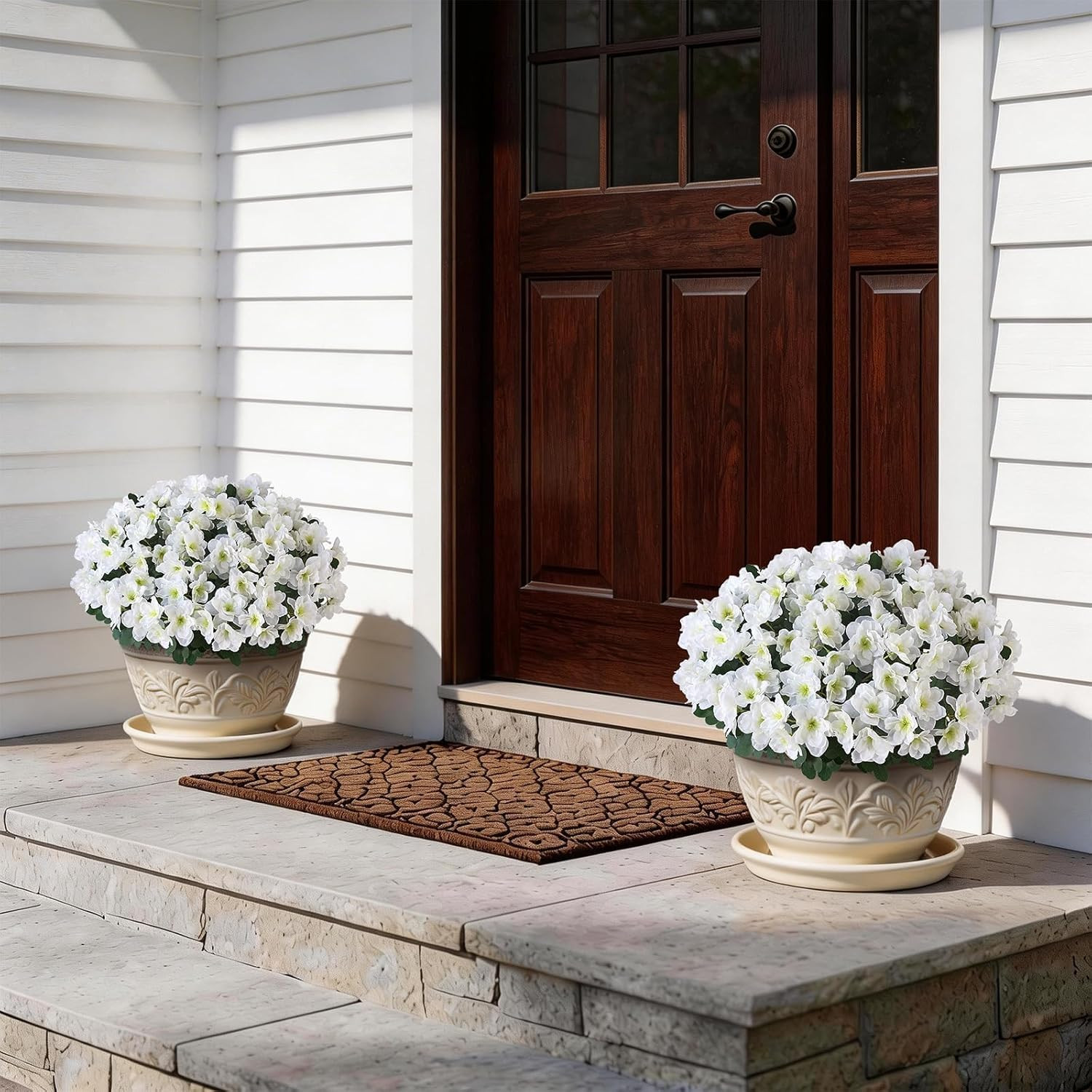Set of 2 White Artificial Azalea Topiary Trees for Outdoor Decor