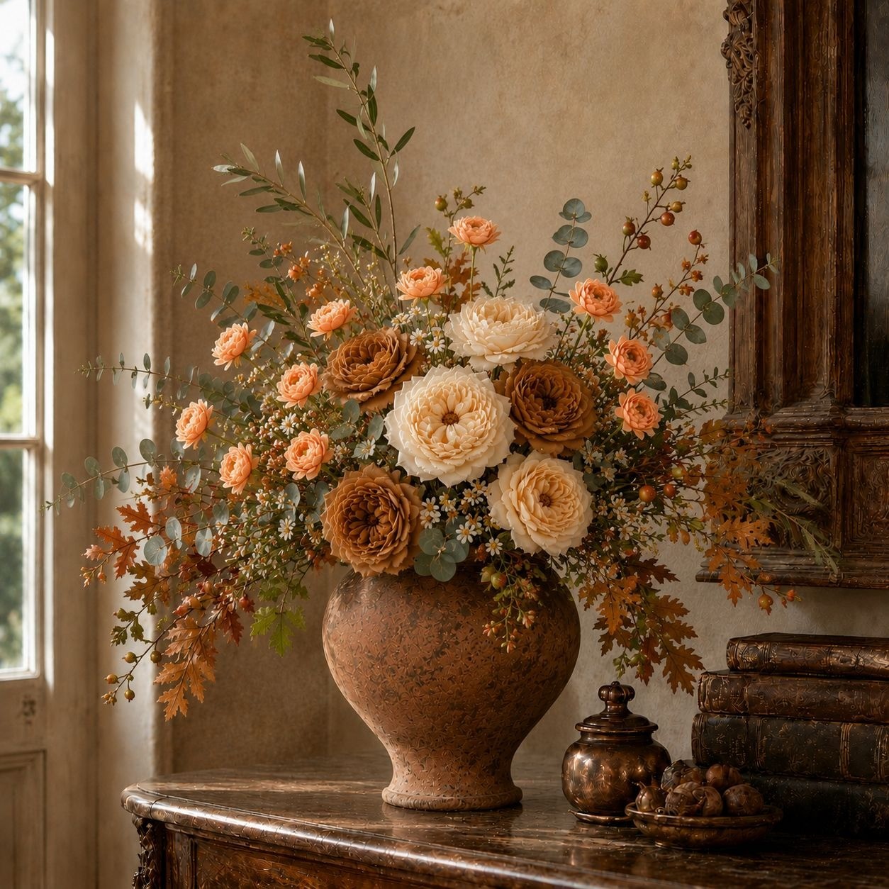 Apricot Peach Ranunculus Peony Stems Set of 2, 30 Inch Artificial Flowers for Fa