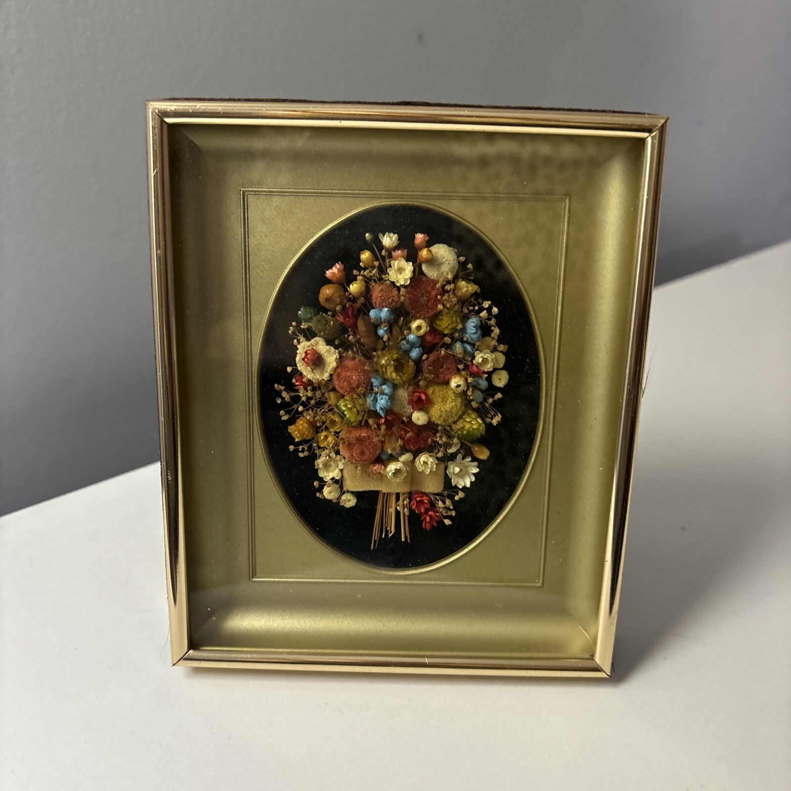 Vintage Pressed Dried Miniature Bouquet Art Velvet Gold Toned Frame MCM Cottage