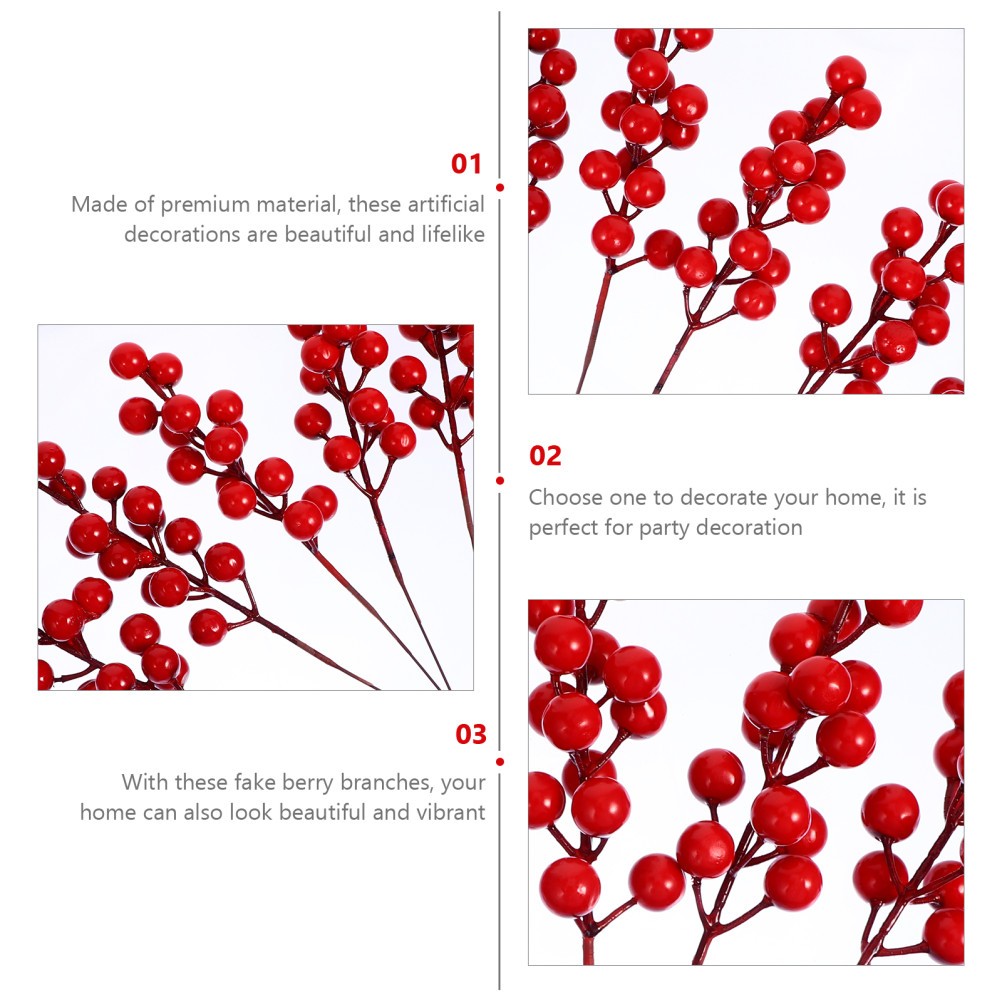 20Pcs Artificial Flower Ornaments Red Berry Branches for Xmas Banquet Decoration