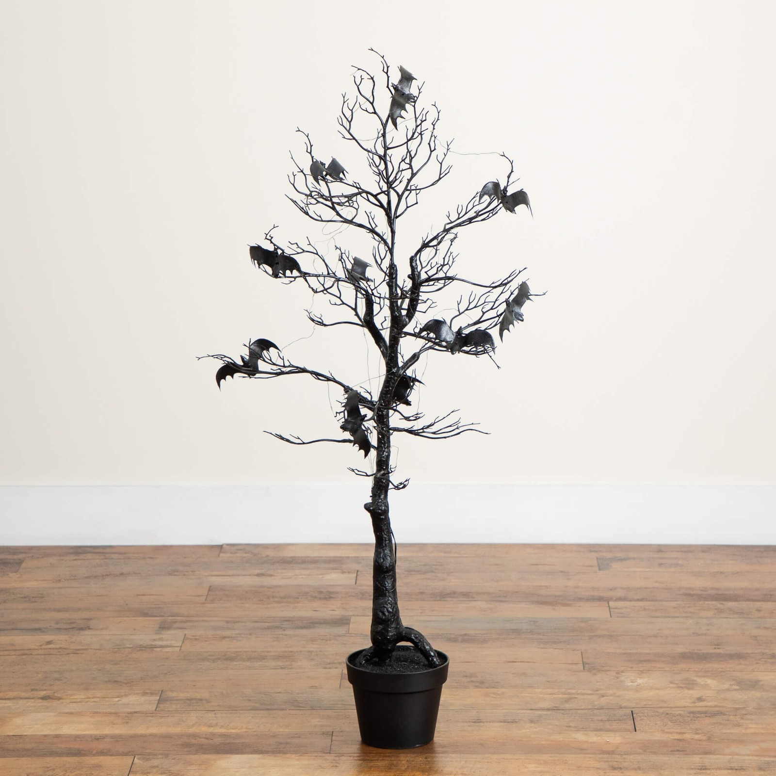 Nearly Natural 4ft Pre-Lit Halloween Black Spooky Twig Tree w/ Bats & 120 LED