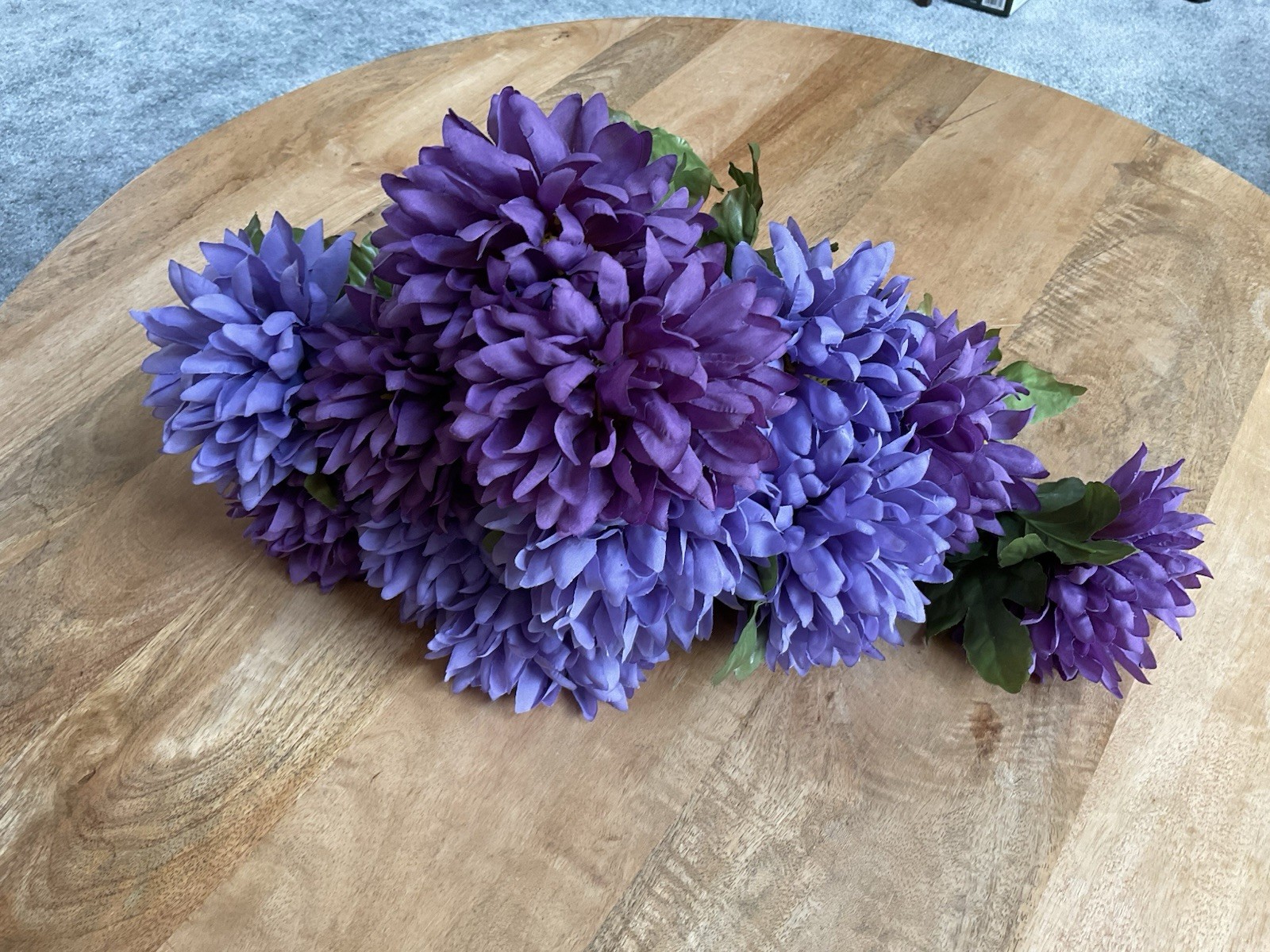 Artificial Purple Mum Flower Bouquet w/Leaves ~ 19” Long ~ Fall Decor
