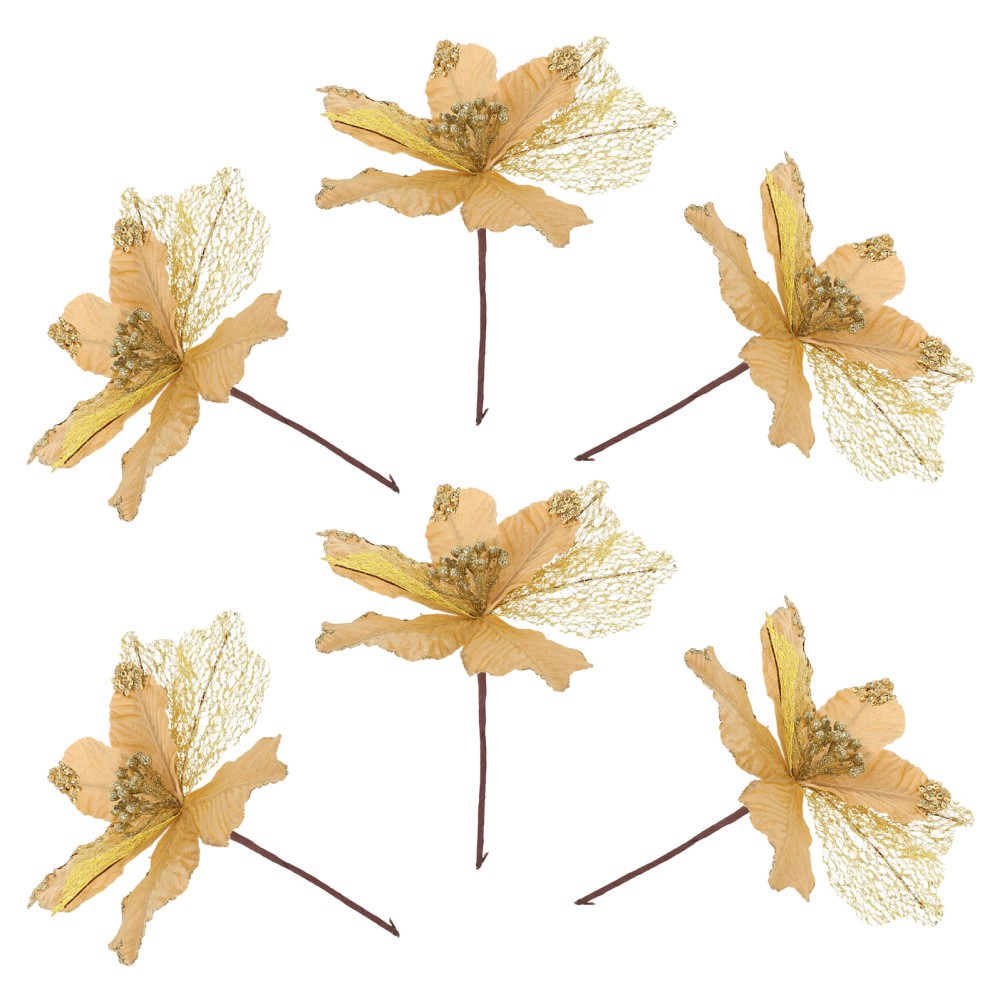 6 Pcs Artificial Flower Cuttings Christmas Glitter Leaf Stems Picks
