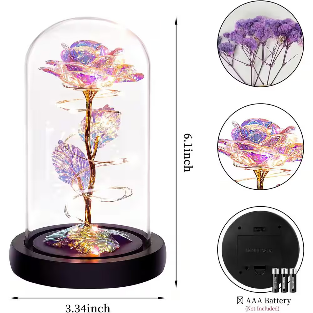 6.1 In. H Colorful Artificial Rose in Glass Dome with LED Lighting for Women