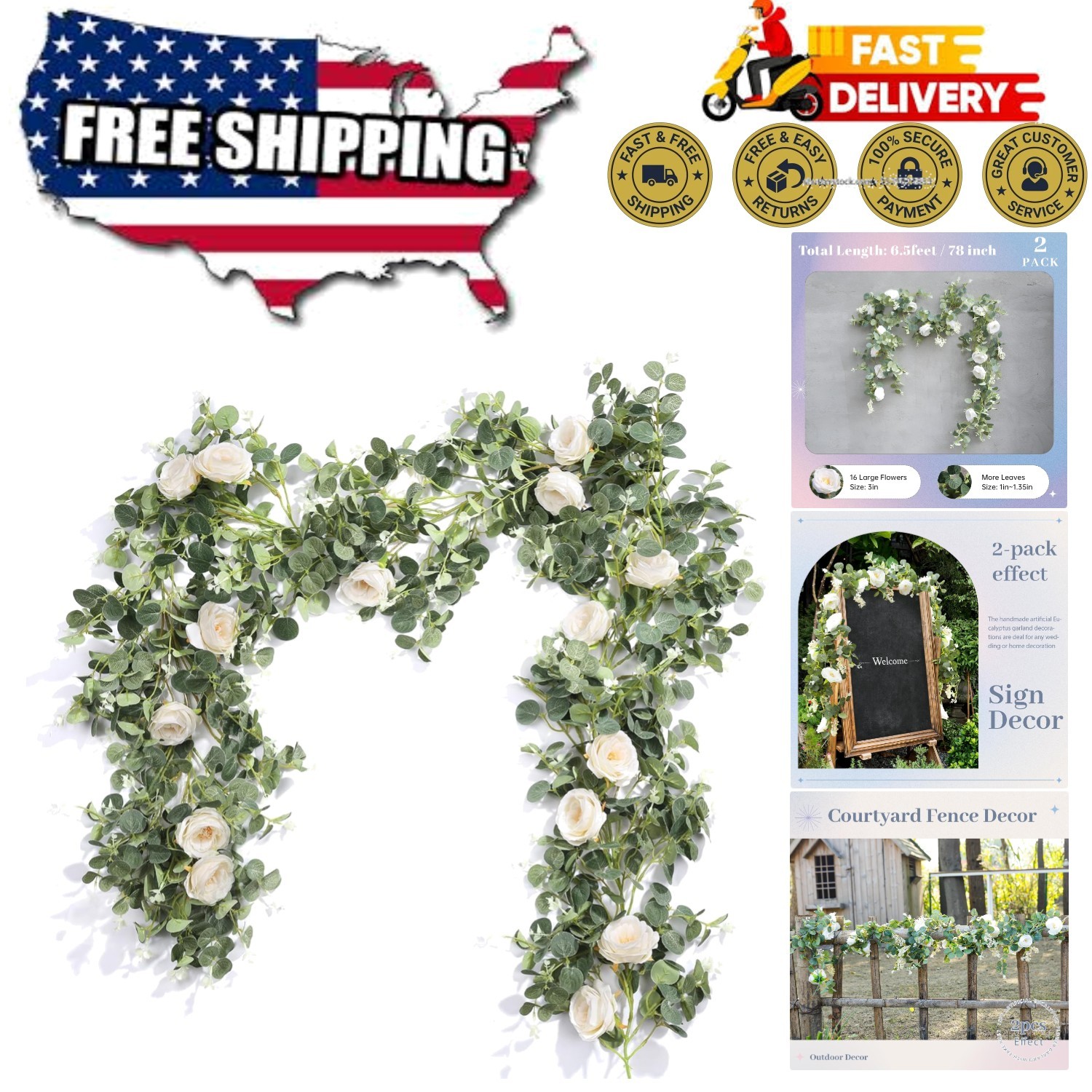 Versatile 2Pcs Artificial Eucalyptus Vine with White Roses – DIY Wedding Decor
