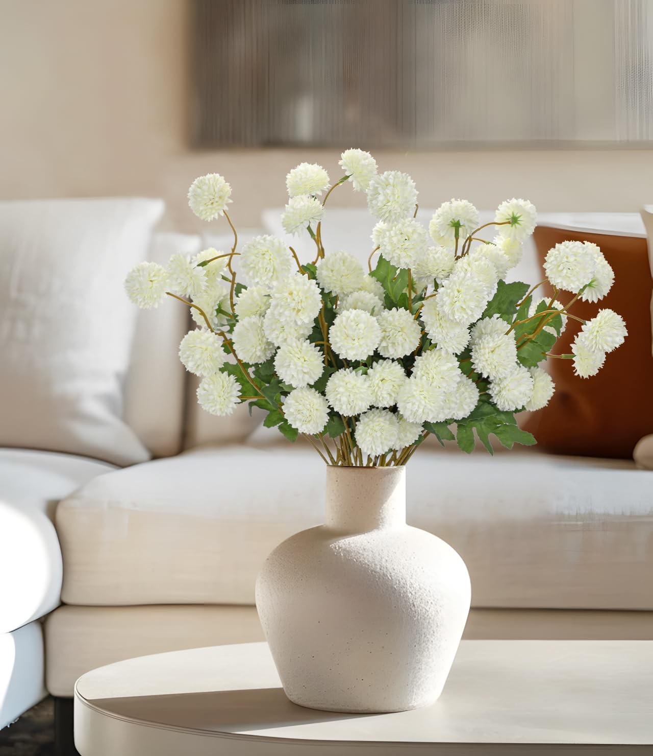 12pcs Artificial Kiku Mums Flowers, Fall White Faux Chrysanthemums