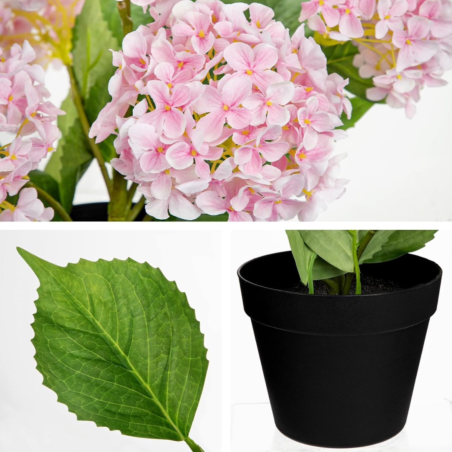 Realistic 18″ Pink Hydrangea Plant in Black Pot for Home & Outdoor Decor