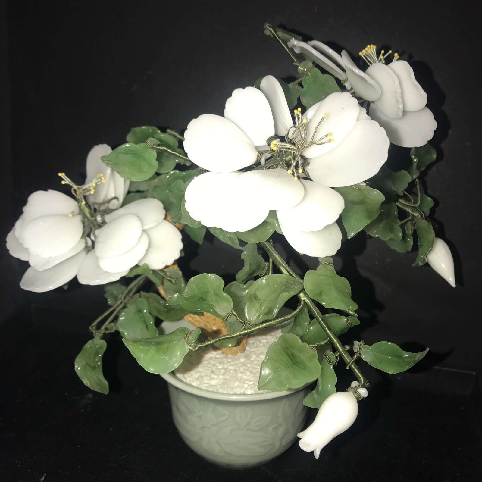 Vtg Chinese Jade & Glass Bonsai Tree Large White Peony Flowers Celadon Pot MCM