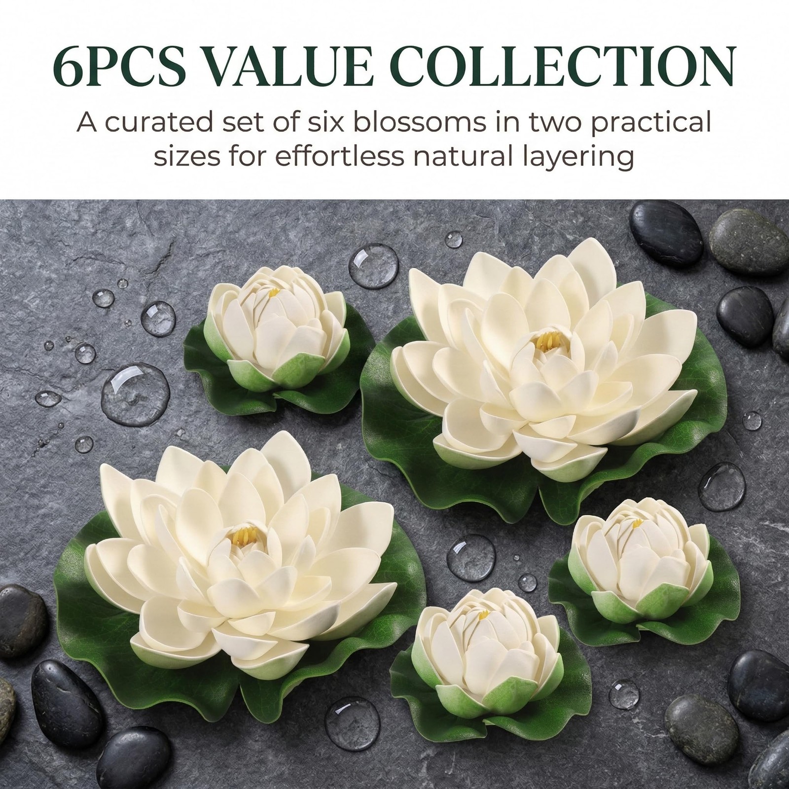 6pcs White Artificial Floating Lotus Flowers 7 Inch Lily Pads 2 Large(18cm) +…