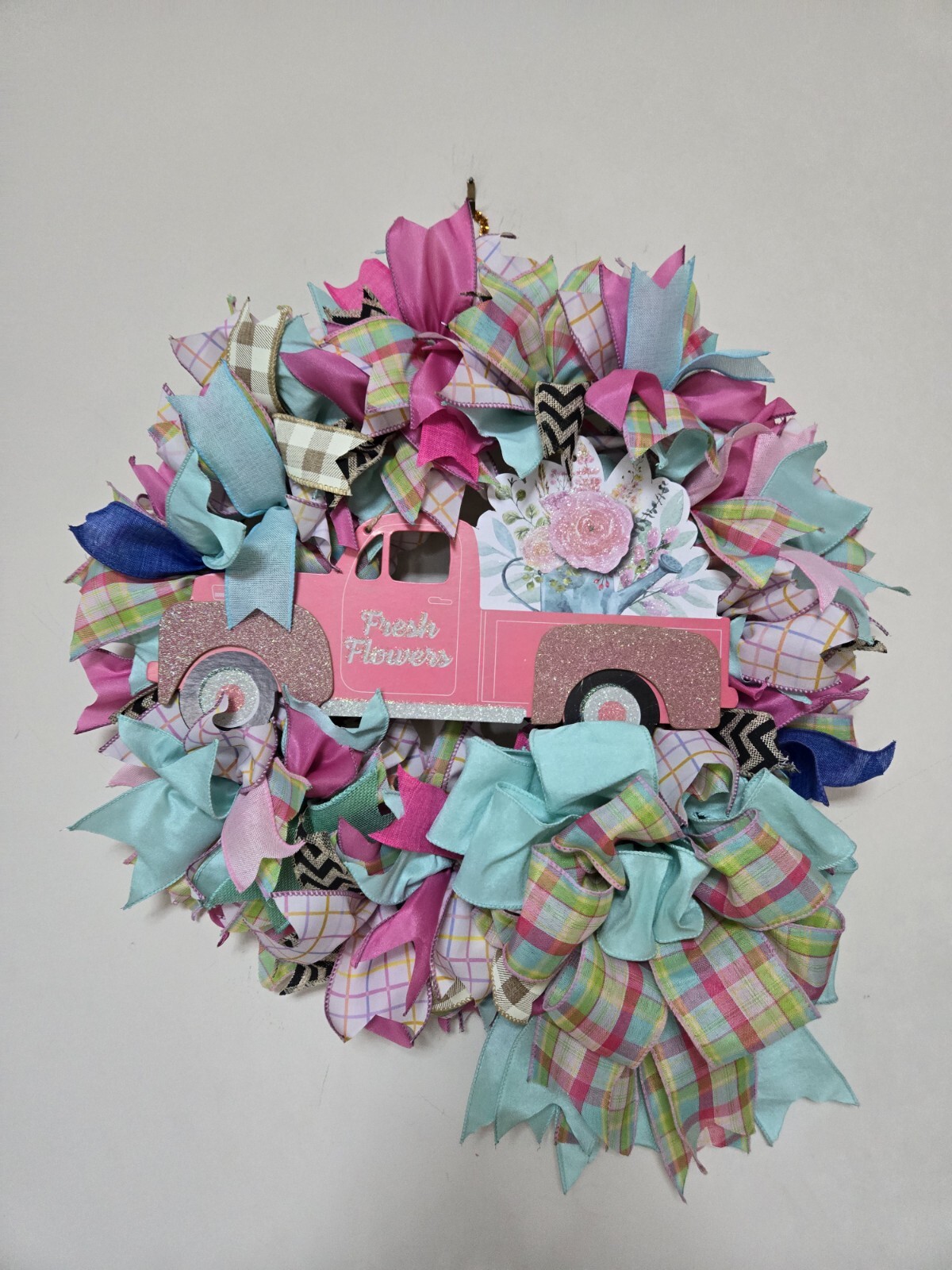 FRESH FLOWERS pink Truck WREATH Spring SUMMER Fall Front Door Wall Decor BIG BOW