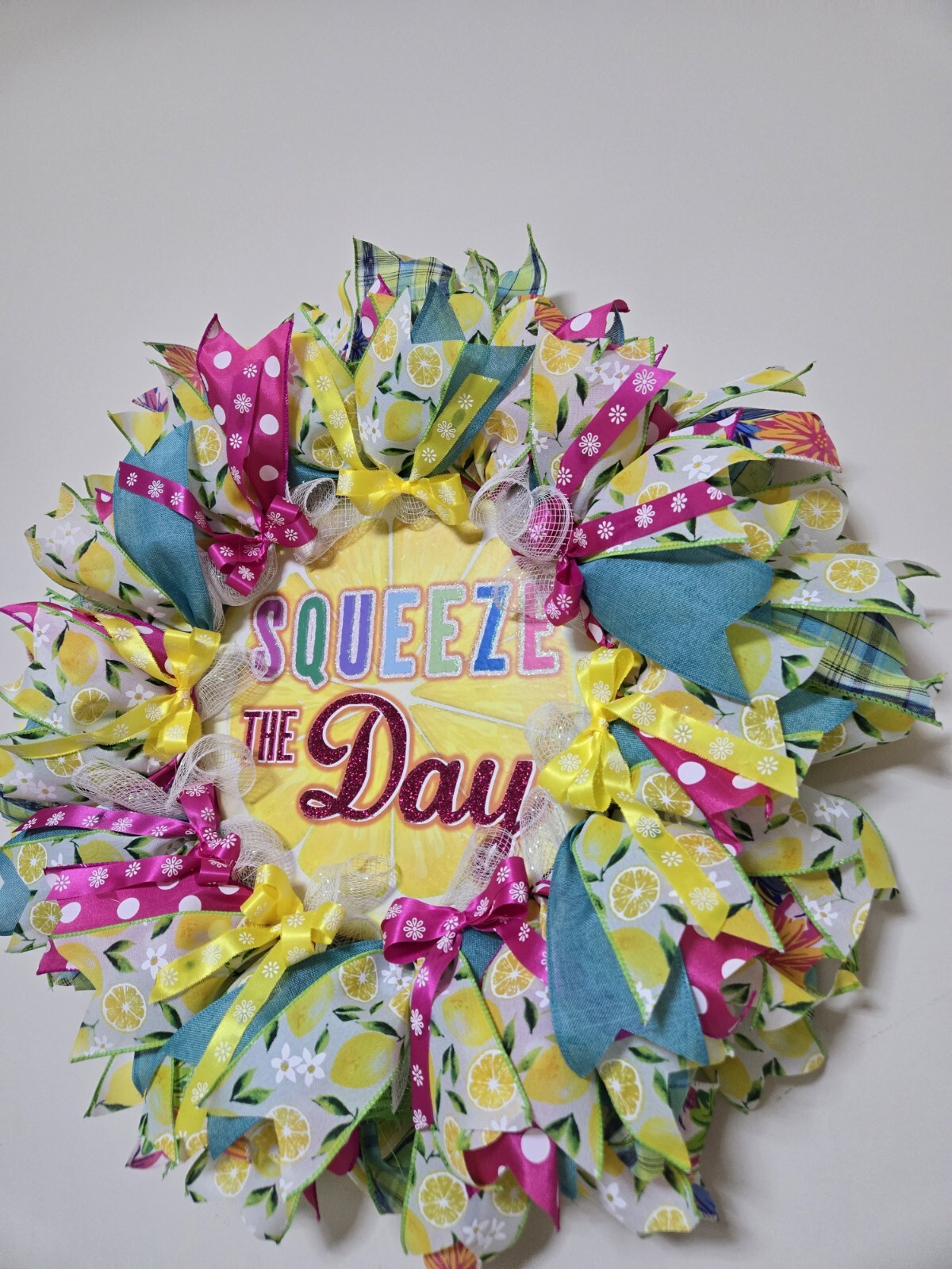 WREATH SQUEEZE THE DAY Spring SUMMER Fall Front Door Wall Decor BIG bright every