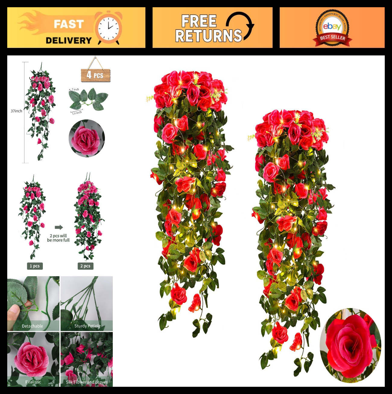 4PCS 37″ Artificial Rose Red Hanging Floral Ivy Garland with 30 LED Fairy Lights