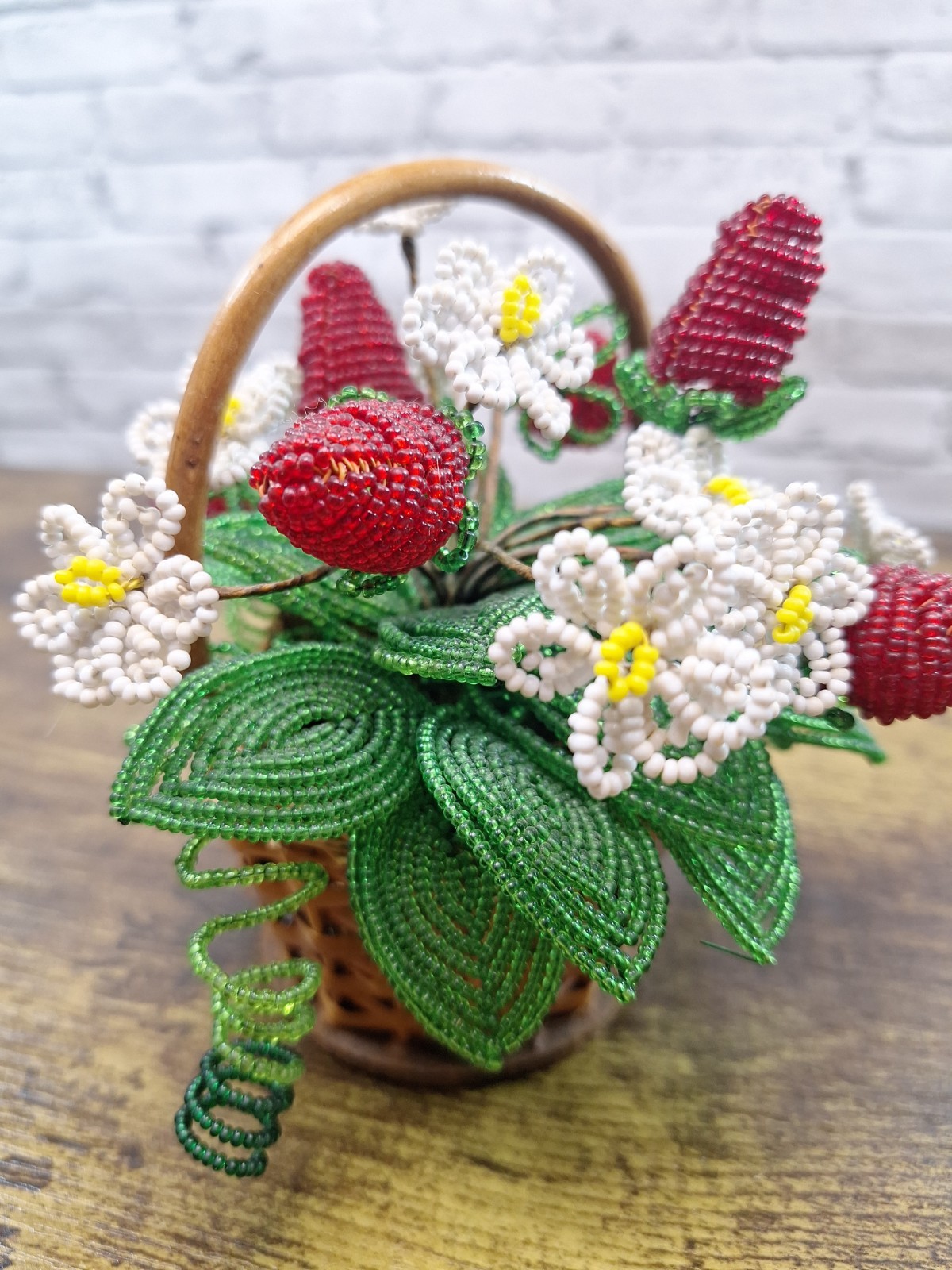 Vintage French Glass Beaded Flower Bouquet Basket Colorful Arrangements