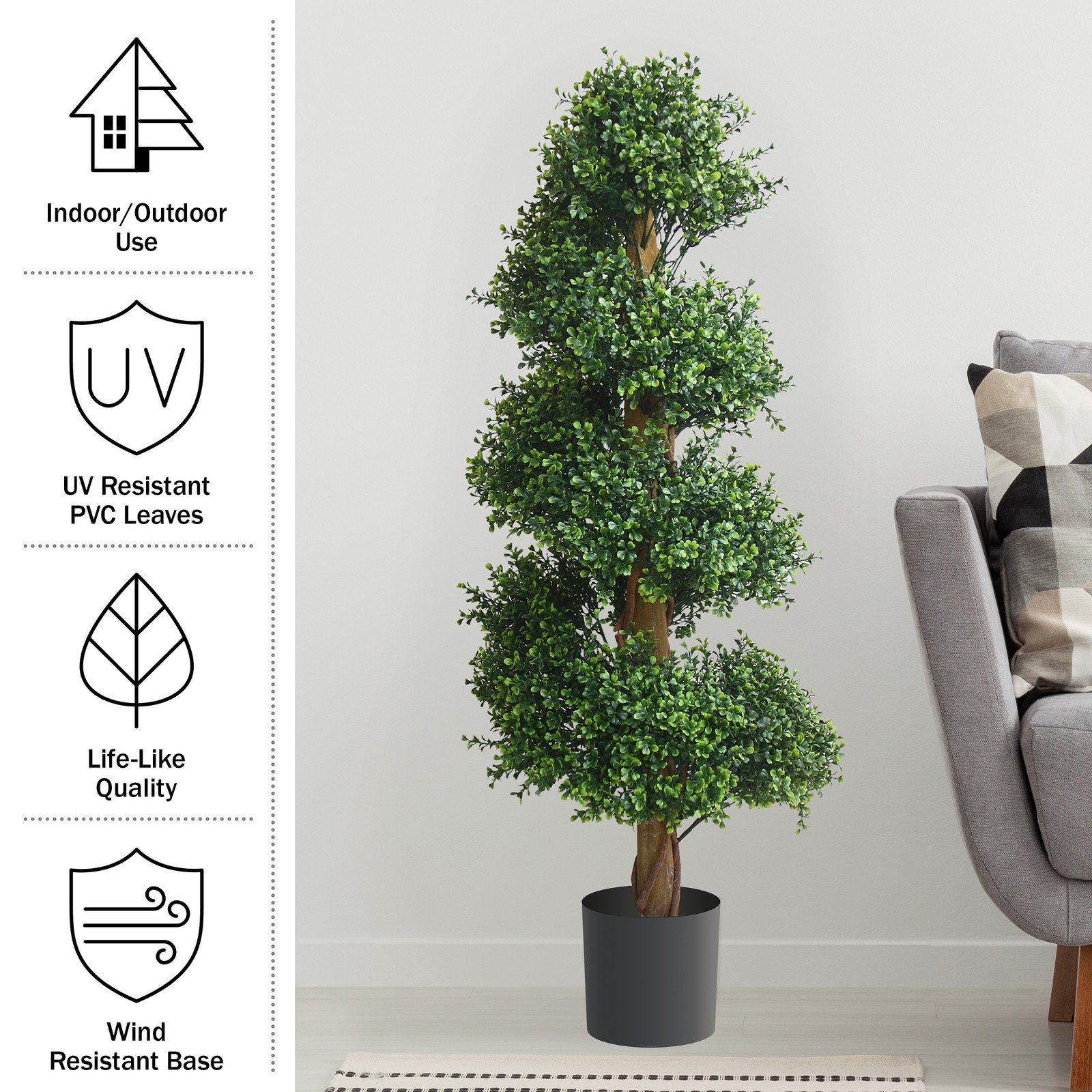 48″ Artificial Spiral Tree Potted Boxwood Fake Plant for Indoor Outdoor Decor
