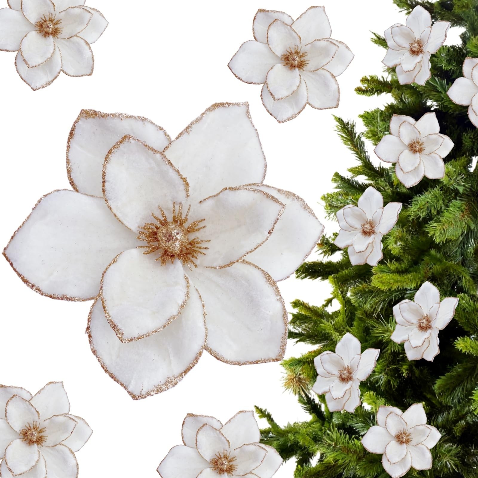 12 PCS 6.3 Inch White Christmas Velvet Poinsettia Magnolia Flower Ornaments