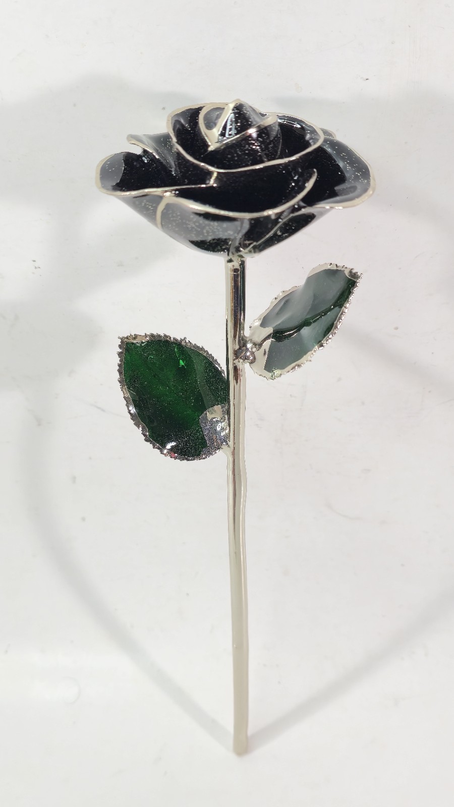 Steven Singer Jeweler Real Rose Preserved Dipped in Platinum Black & Green 12″