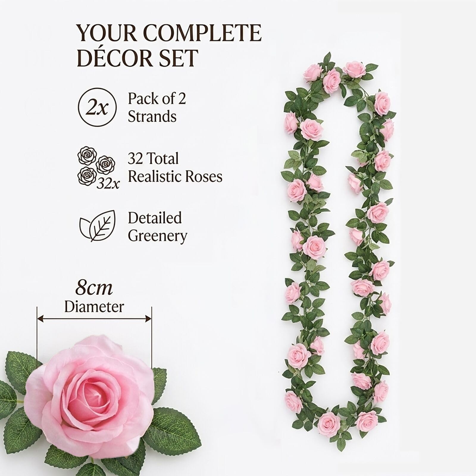 2 Pack Artificial Pink Rose Garland Vine – Total 16FT Silk Fake Blush Pink Ro…