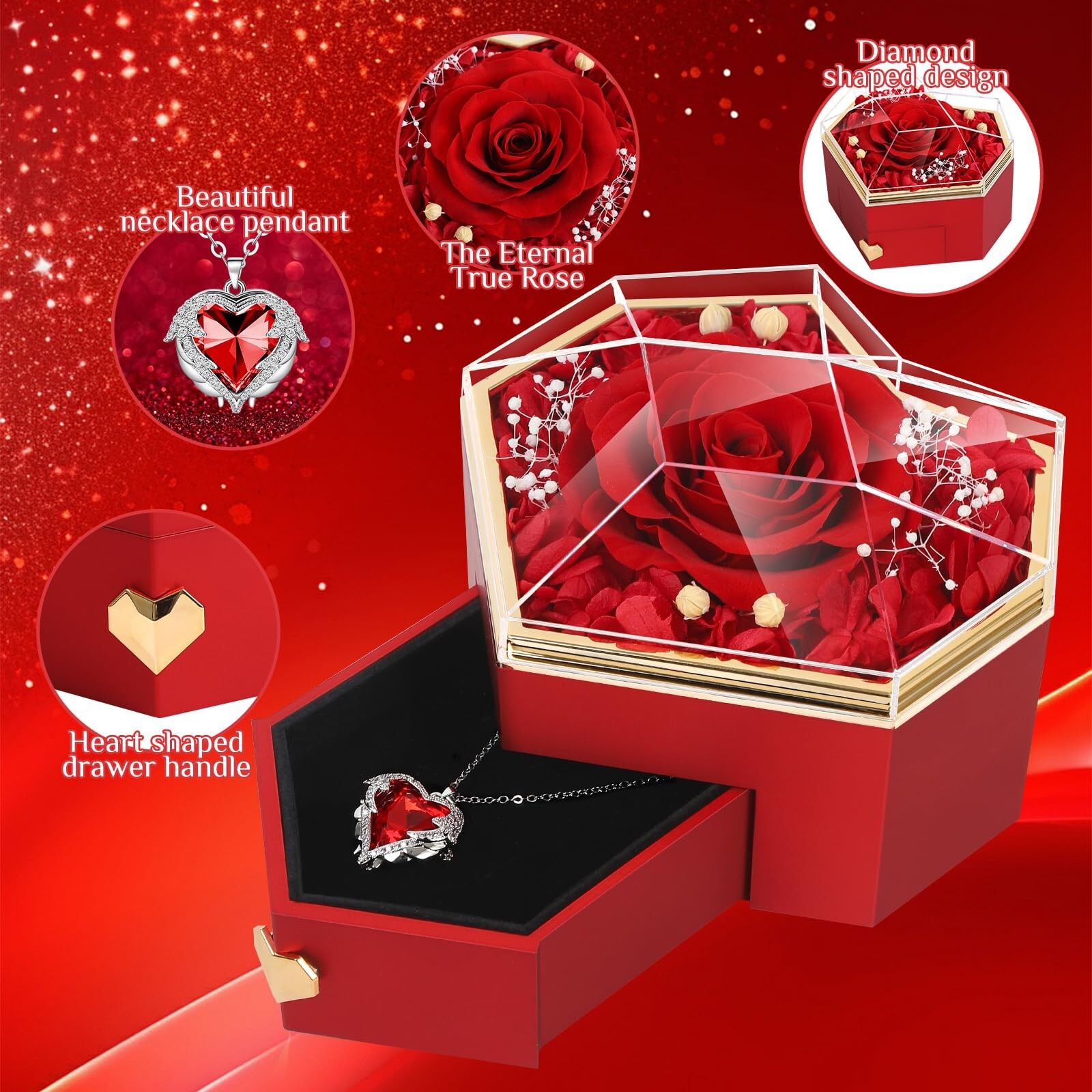 Preserved Red Real Rose with Necklace Forever Flowers Diamond Shaped Box for …