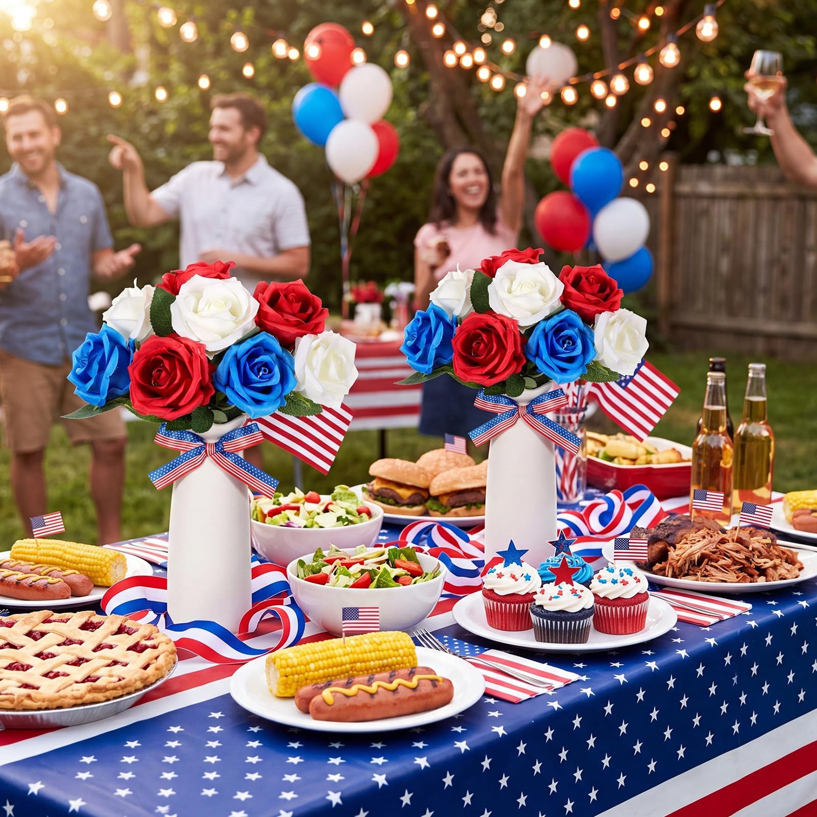 4th of July Decorations 2 Sets Artificial Flowers and Vase Red Blue White Pat…